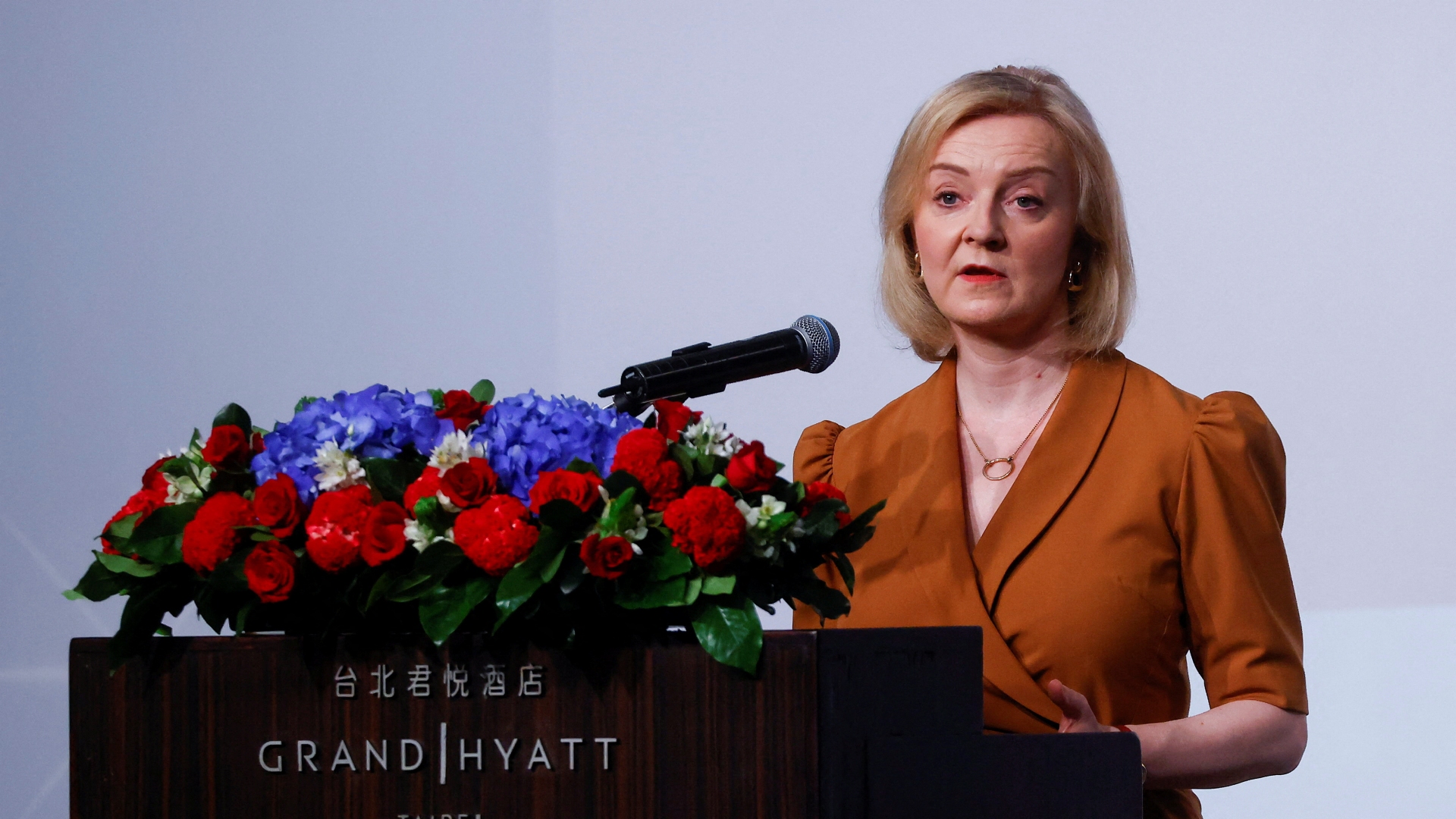 Former British Prime Minister Liz Truss makes a speech at an event in Taipei. /Reuters/Ann Wang