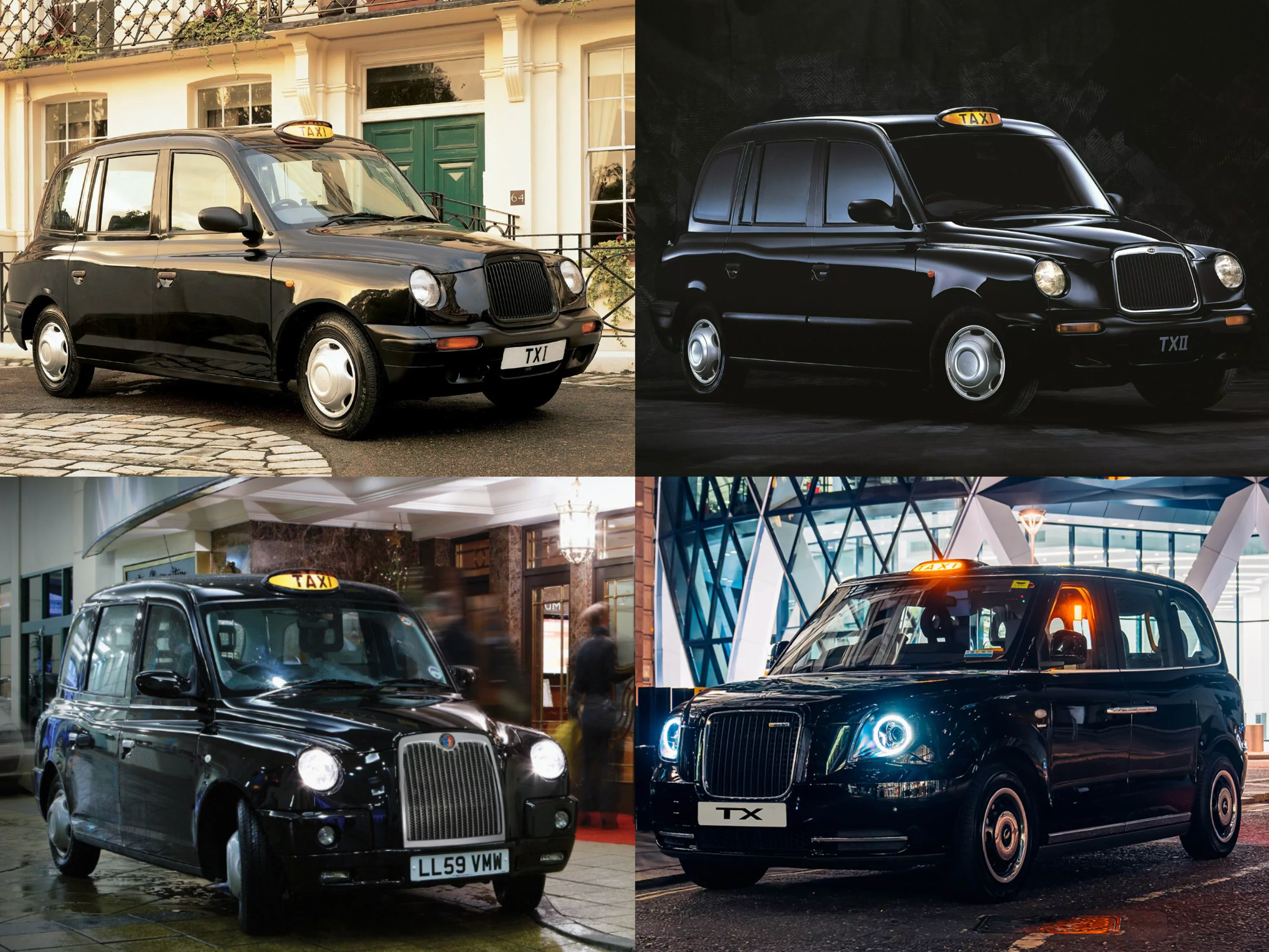 Different generations of TX taxis. /LEVC