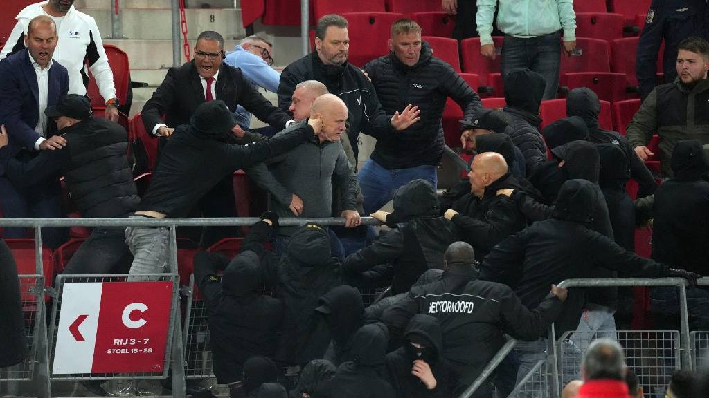 AZ Alkmaar supporters attack West Ham United fans in Alkmaar, the latest in a series of escalating incidents of football violence in the Netherlands. /ANP/AFP