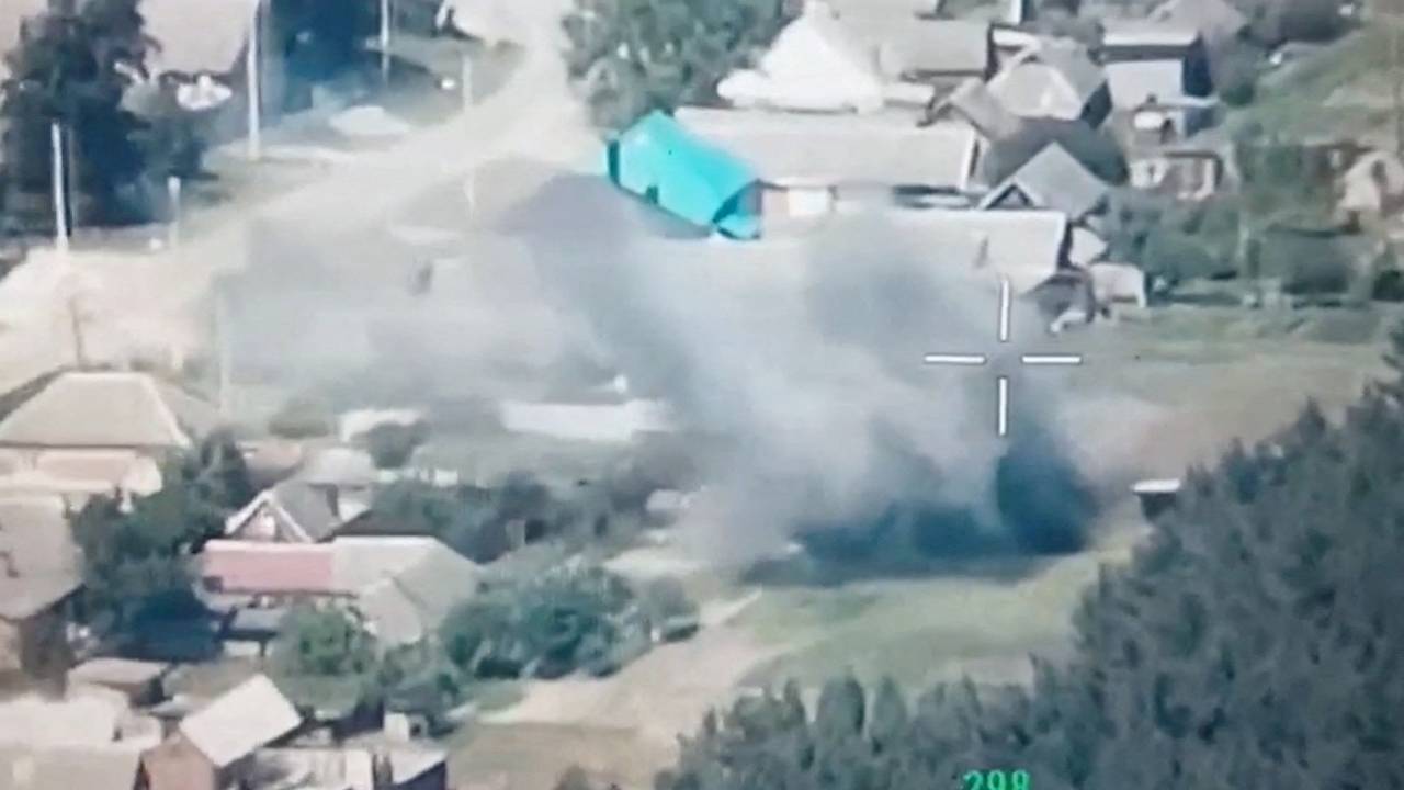 Drone footage shows what the Freedom of Russia Legion says is the destruction of military targets near Novaya Tavolzhanka in Russia's Belgorod region. /Freedom Of Russia Legion/Reuters