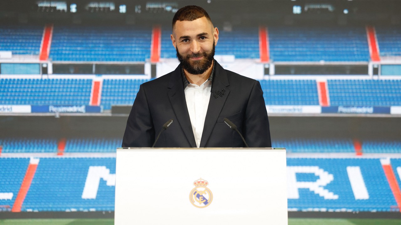 'Journey of a lifetime': Benzema delivers a speech during his farewell ceremony. /HO/Realmadrid.com/AFP
