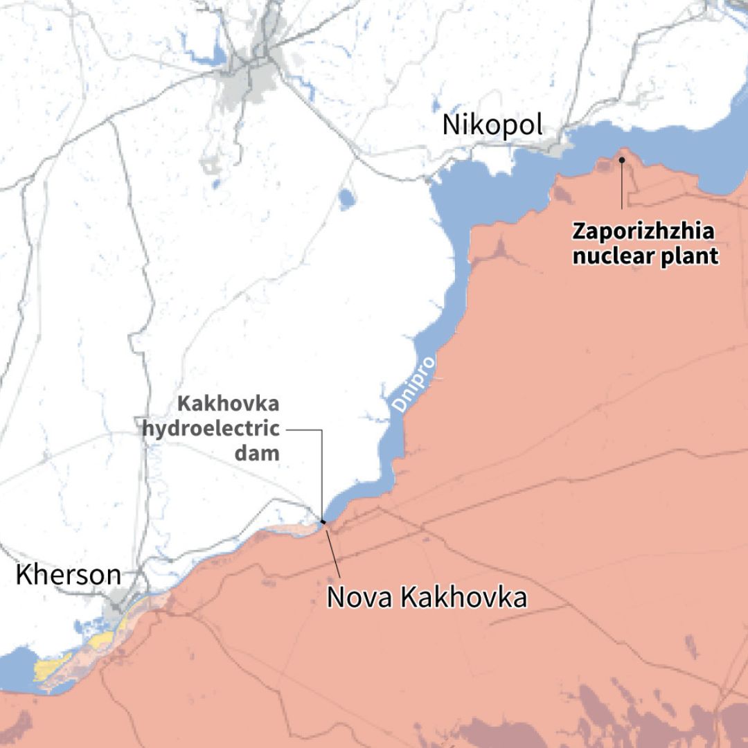 The pink area is the Russian-controlled parts of Ukraine highlighting the positioning of the dam on the frontline of the conflict./AFP