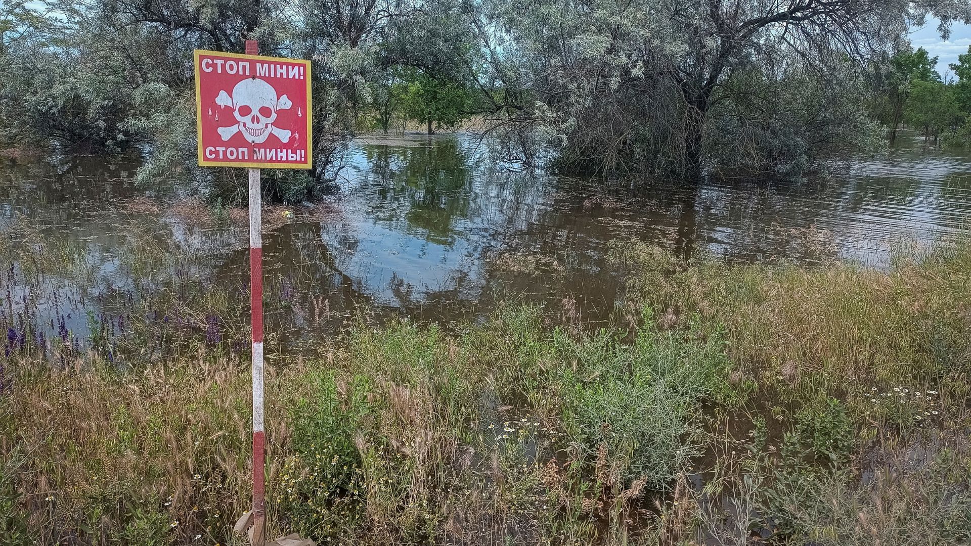 A mine danger sign in the flooded village of Snihurivka. Some land-mines float – and are being carried by the floodwaters. /Viktoriia Lakezina/Reuters