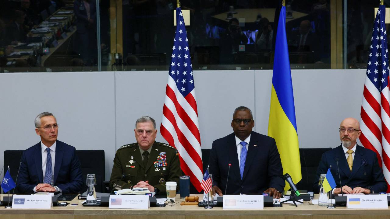 NATO Secretary General Jens Stoltenberg, Chairman of the Joint Chiefs of Staff Mark Milley, U.S. Secretary of Defense Lloyd Austin and Ukraine's Defense Minister Oleksii Reznikov at a meeting in Brussels. /Yves Herman/Reuters