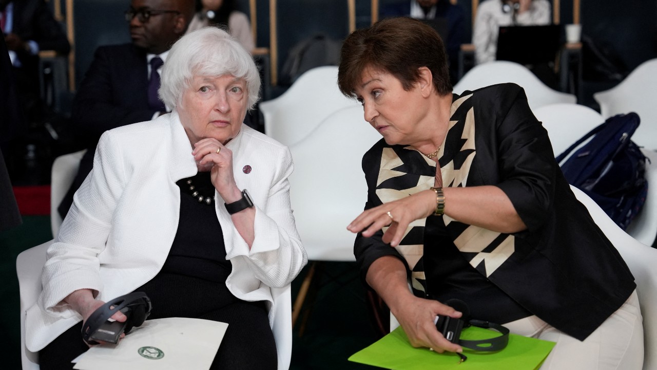 U.S. Treasury Secretary Janet Yellen listens to Kristalina Georgieva, Managing Director of the International Monetary Fund, at the New Global Financial Pact Summit. /Lewis Joly/Pool via Reuters