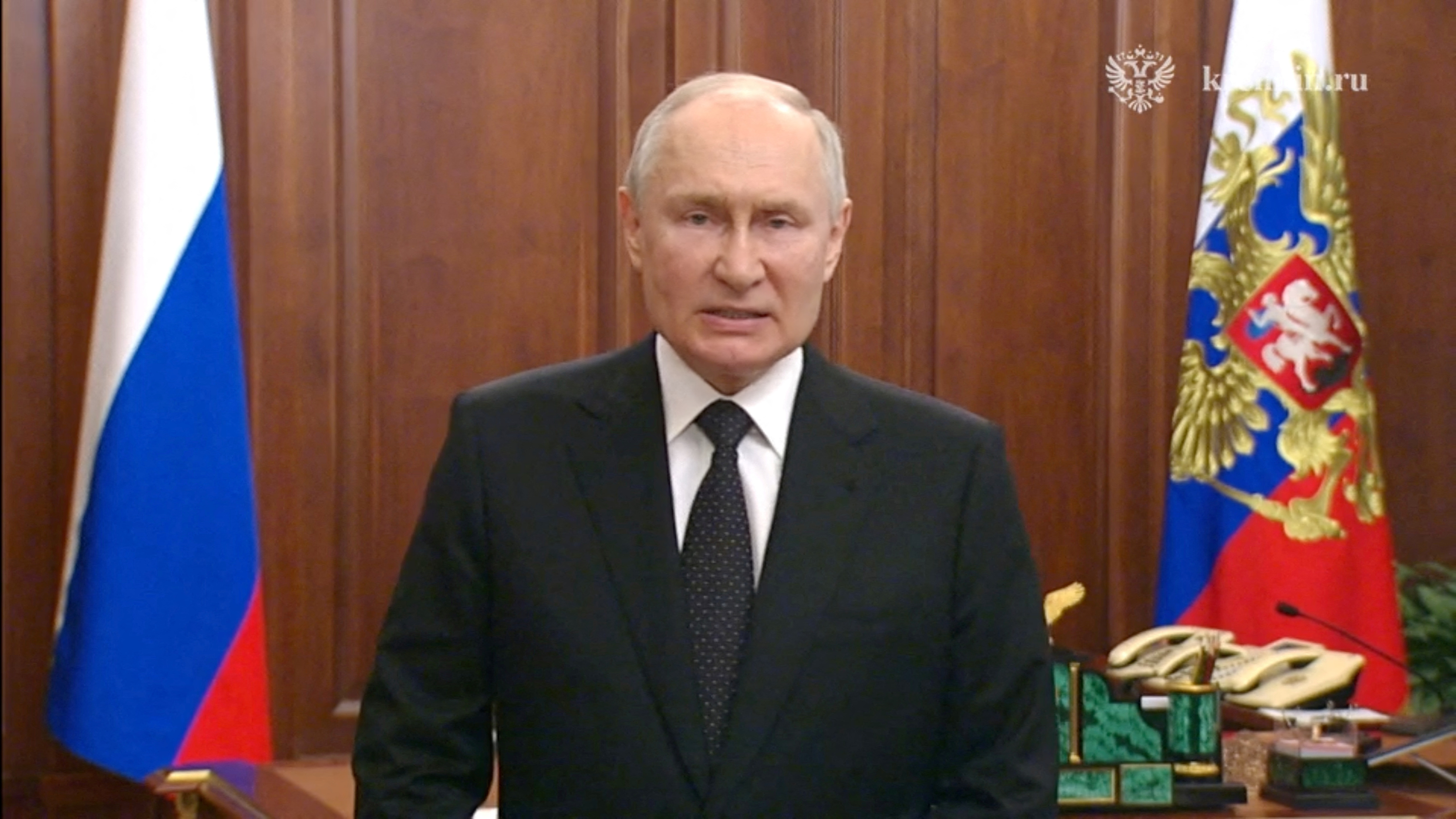 Vladimir Putin giving an emergency televised address in Moscow on Saturday over the Wagner rebellion. Kremlin.ru/ Reuters