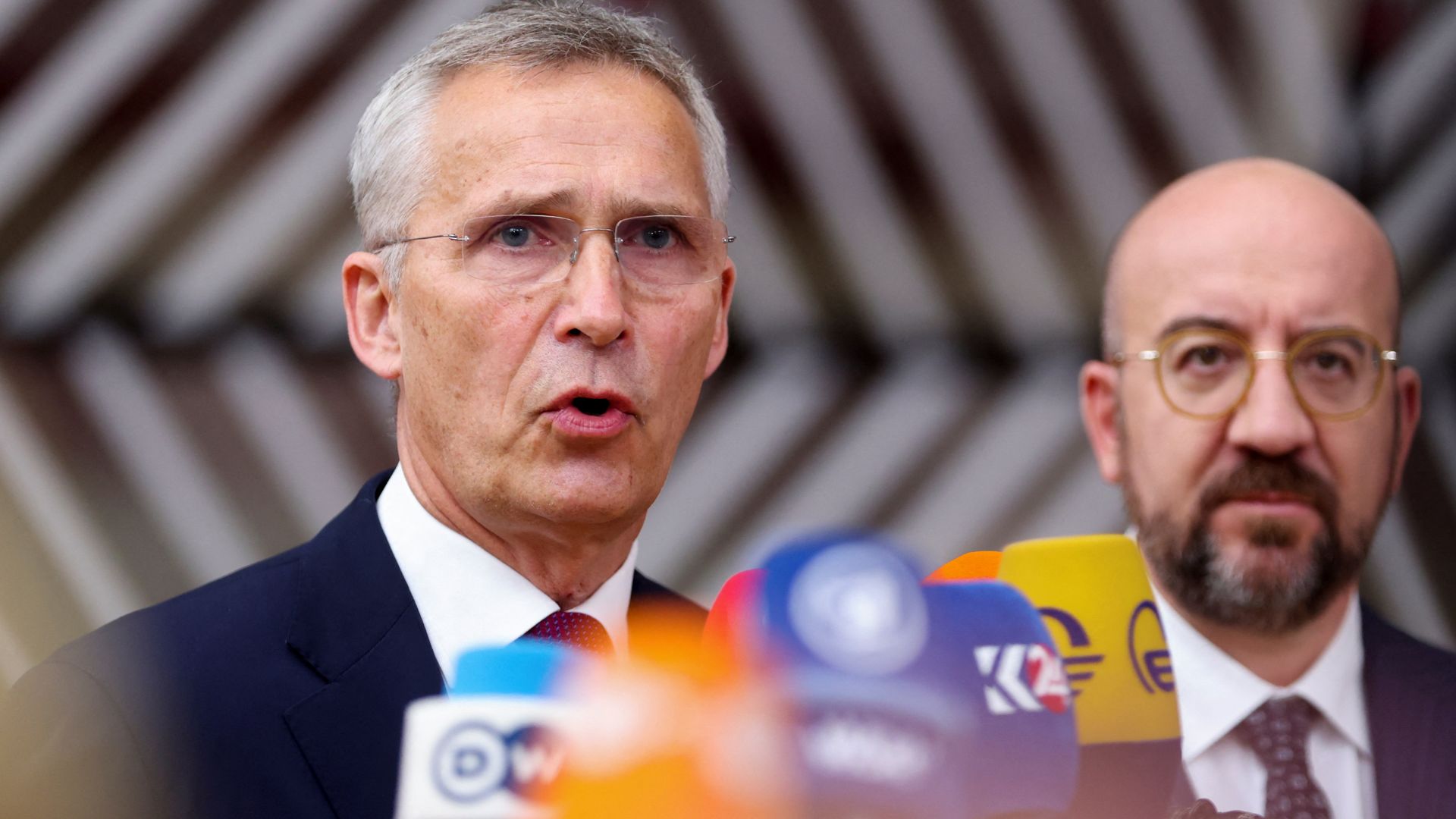 NATO Secretary General Jens Stoltenberg and Charles Michel, the President of the European Council at the EU leaders' summit. /Johanna Geron/Reuters