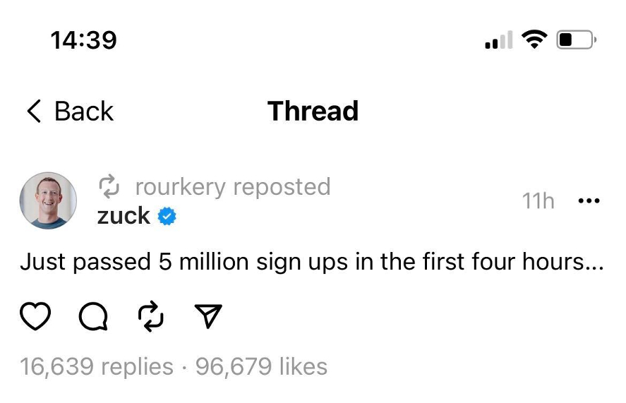 Mark Zuckerberg's post is being reshared by Threads users but you can only see his account if you are an authorized follower./Threads/@rourkery