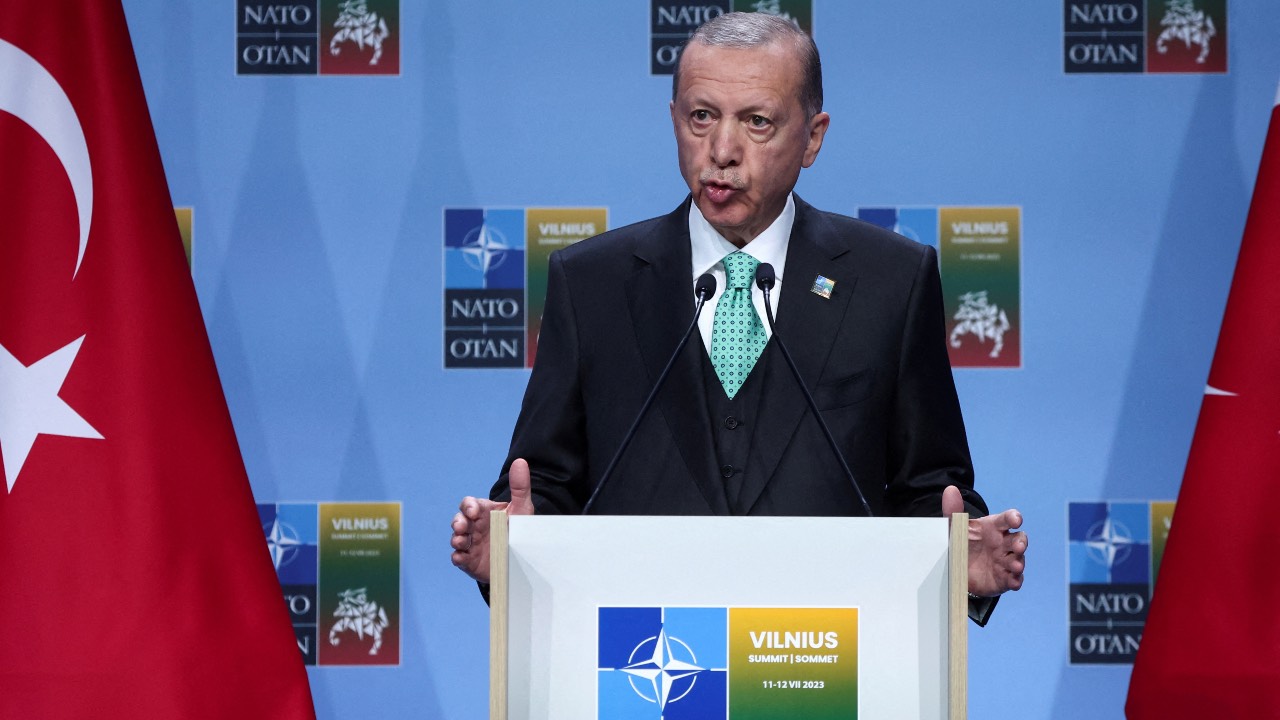 Turkish President Recep Tayyip Erdogan holds a press conference during last week's NATO leaders summit in Vilnius, Lithuania. /Kacper Pempel/Reuters