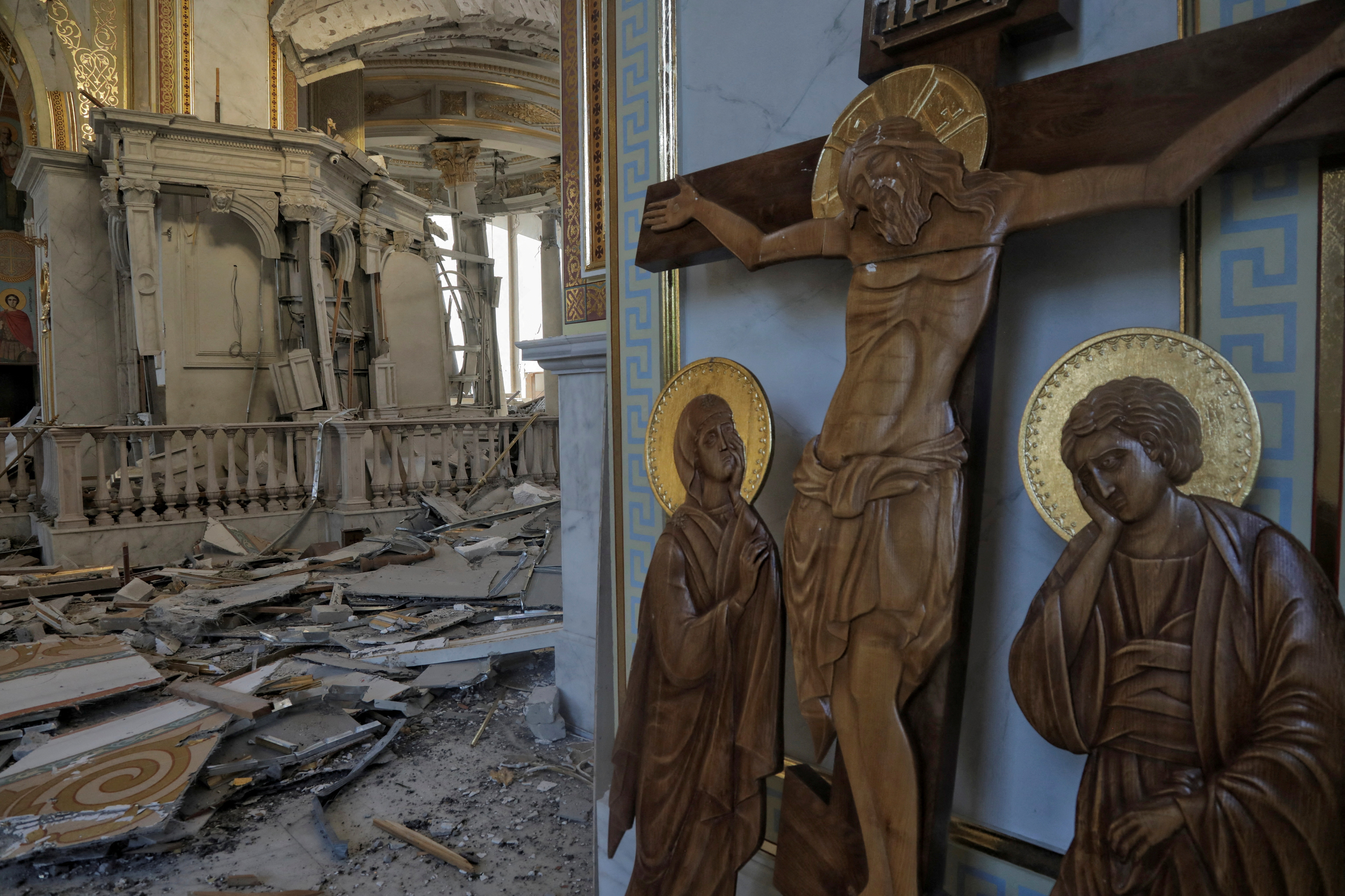 Images of the Odesa cathedral damaged during a Russian missile strike. Nina Liashonok/  Reuters