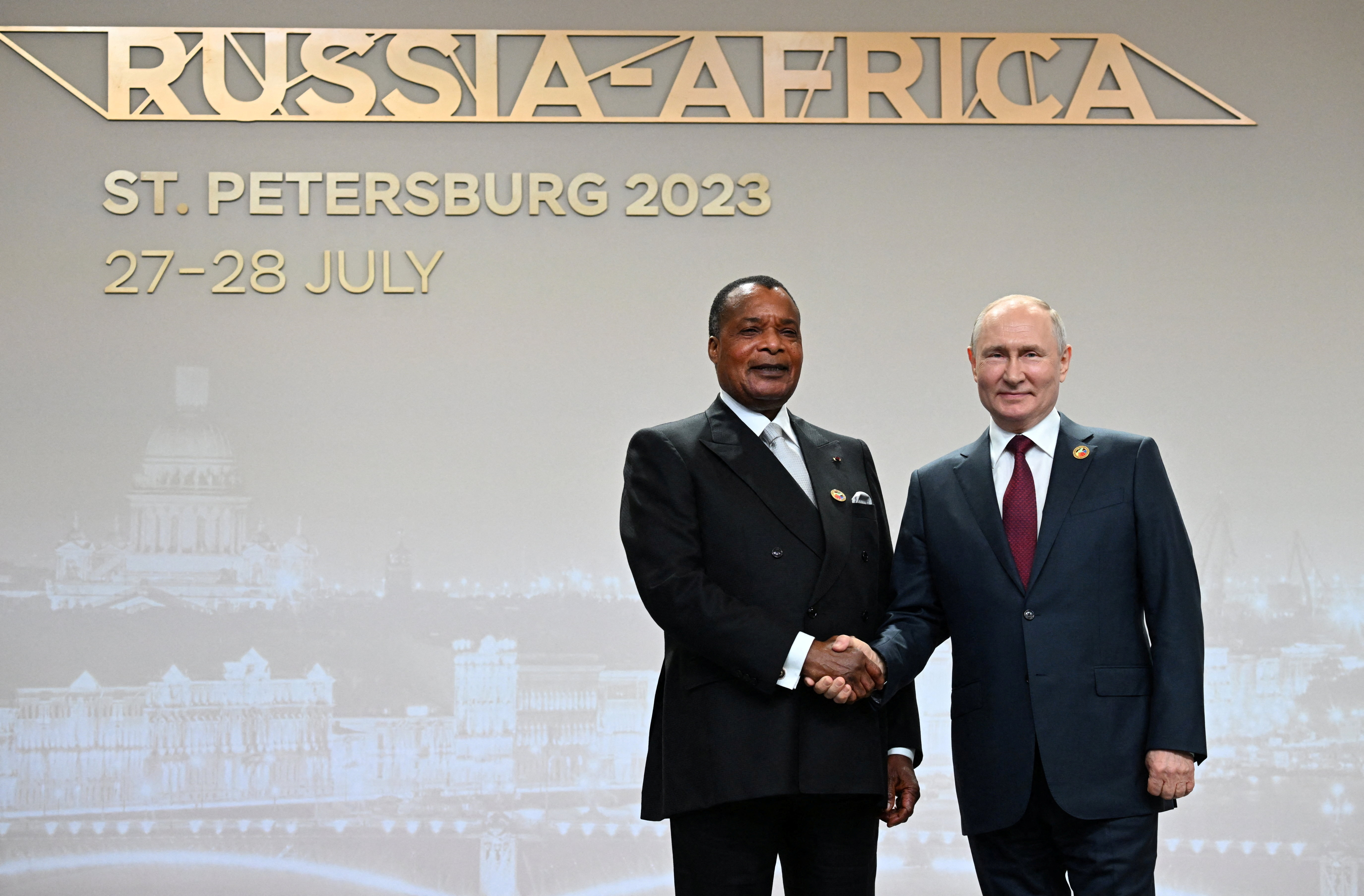 Putin poses with President of the Republic of the Congo, Denis Sassou Nguesso during the Russia-Africa summit in St Petersburg this week. /Sputnik/Pavel Bednyakov/Reuters