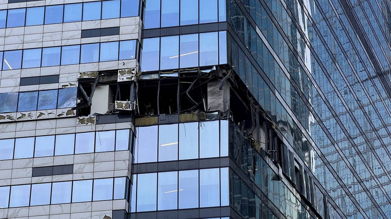 A damaged facade of offices in Moscow following an alleged Ukrainian drone attack. /Stringer/Reuters