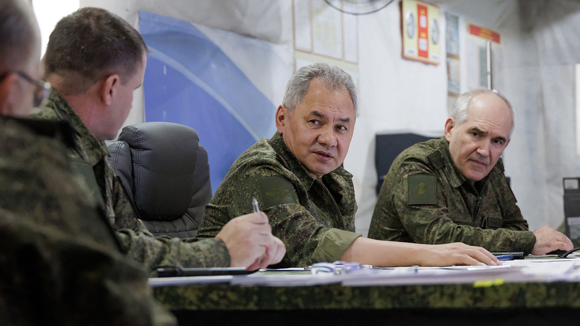 Russian Defense Minister Sergei Shoigu visited a combat zone in Ukraine to inspect a command post and meet senior military officers, the army said. /Russian Defense Ministry/AFP
