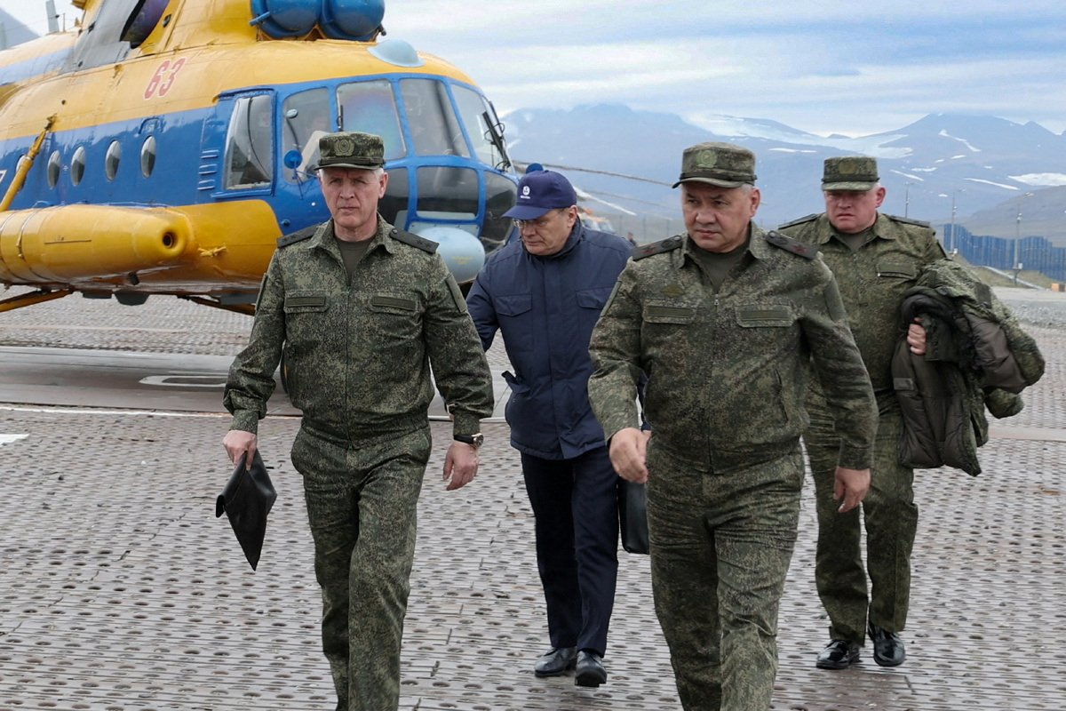 Russia's Defense Minister Sergei Shoigu visits remote Arctic garrisons of the Northern Fleet on the Novaya Zemlya archipelago. /Russian Defense Ministry/Reuters