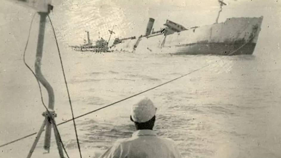 The last shot of the Lisbon Maru before it went down.