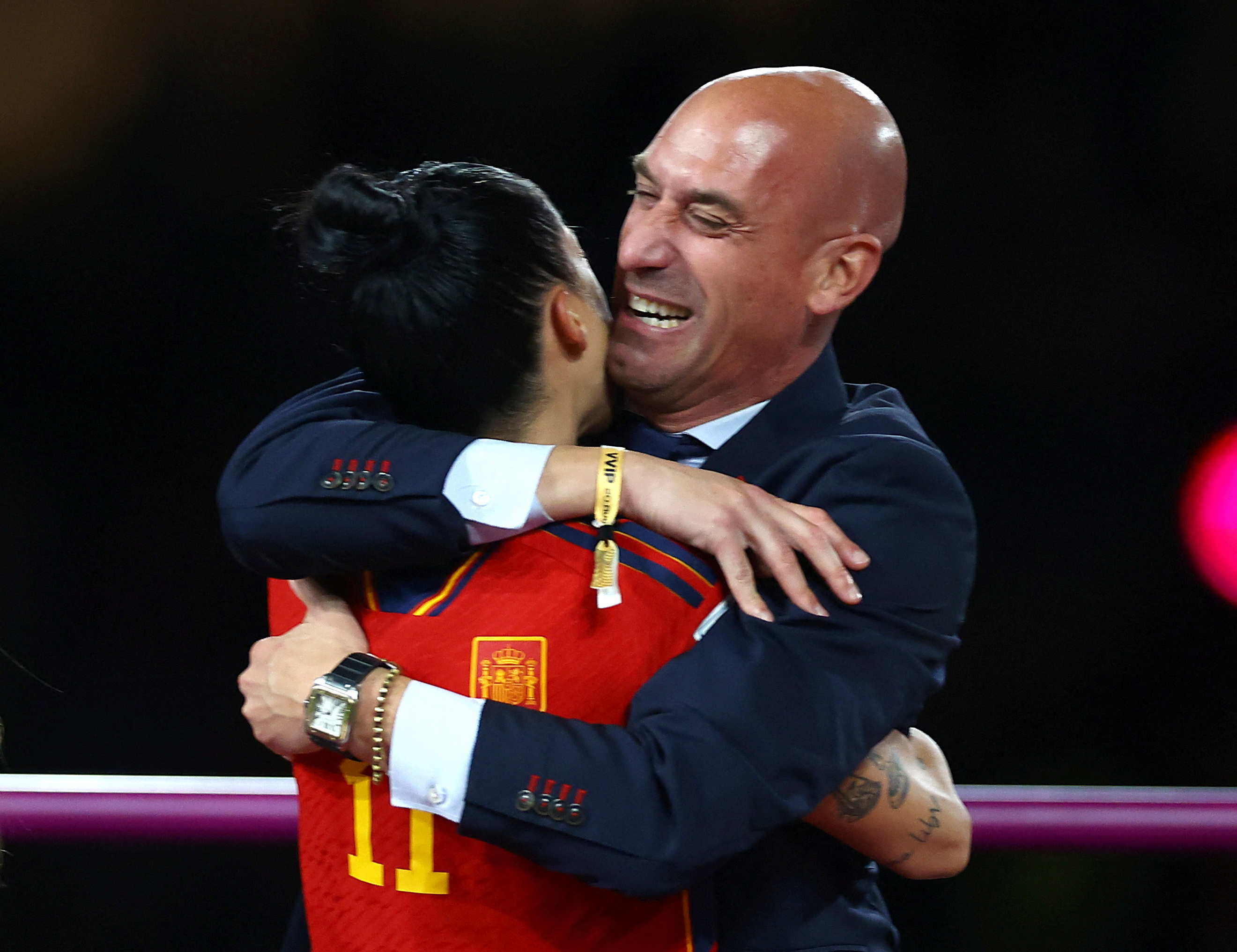 Federation president Luis Rubiales kissed Spain's Jennifer Hermoso after the match. /Hannah Mckay/Reuters