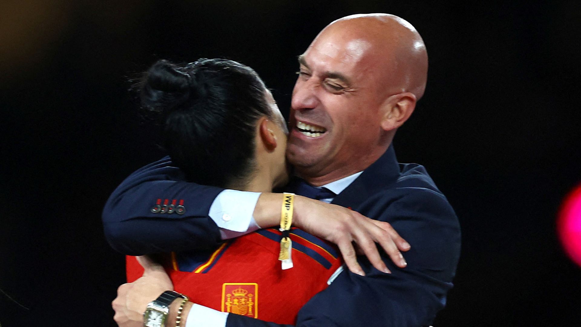 Rubiales hugs Hermoso moments before the kiss that has plunged Spanish football into crisis. /Hannah Mckay/Reuters 
