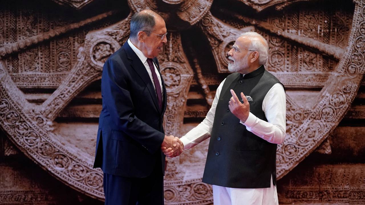 Indian Prime Minister Narendra Modi welcomes Russian Foreign Minister Sergei Lavrov upon his arrival for the G20 Summit in New Delhi. /Evan Vucci/Pool/Reuters