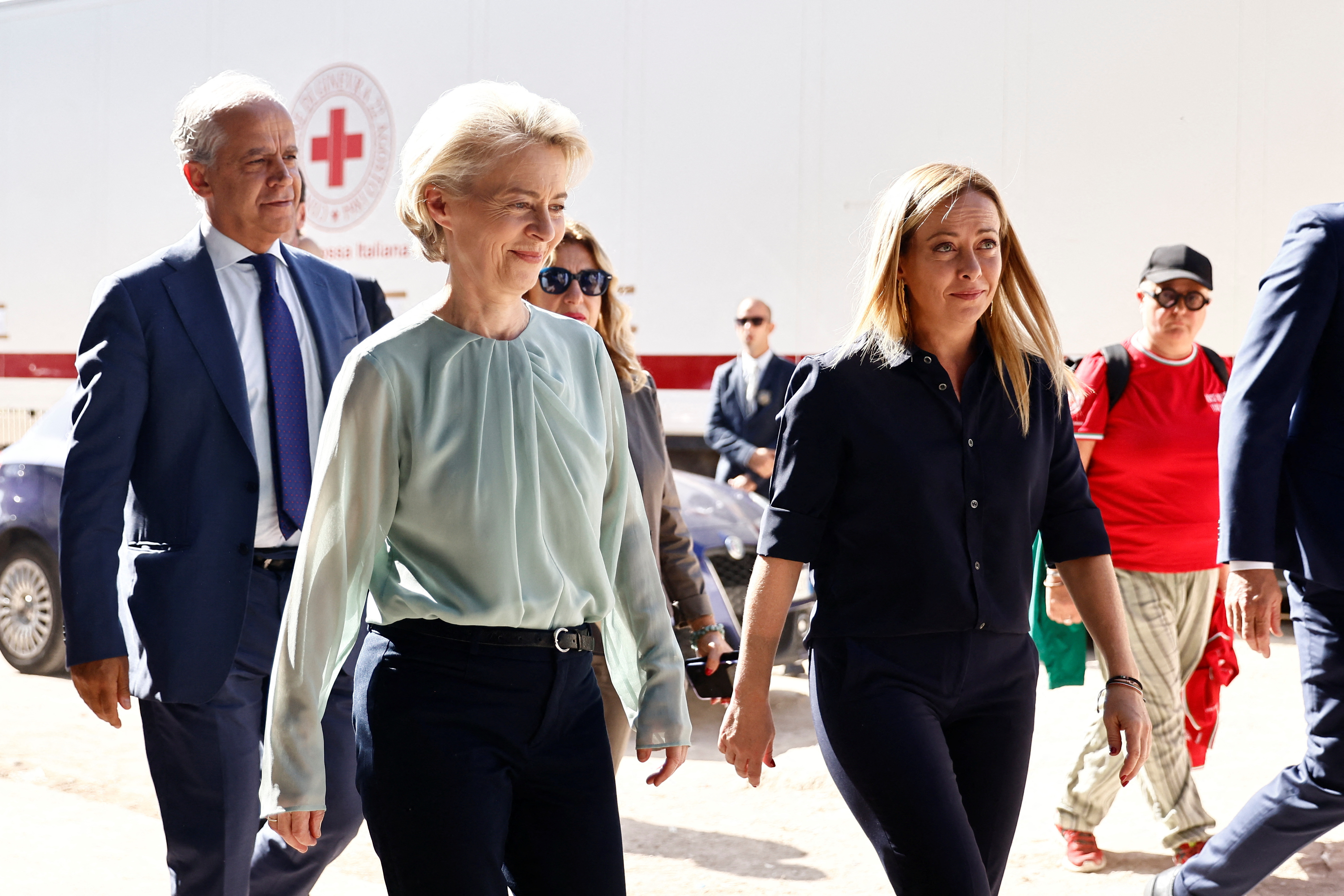 Ursula von der Leyen and Giorgia Meloni on the Sicilian island of Lampedusa. /Yara Nardi /Reuters