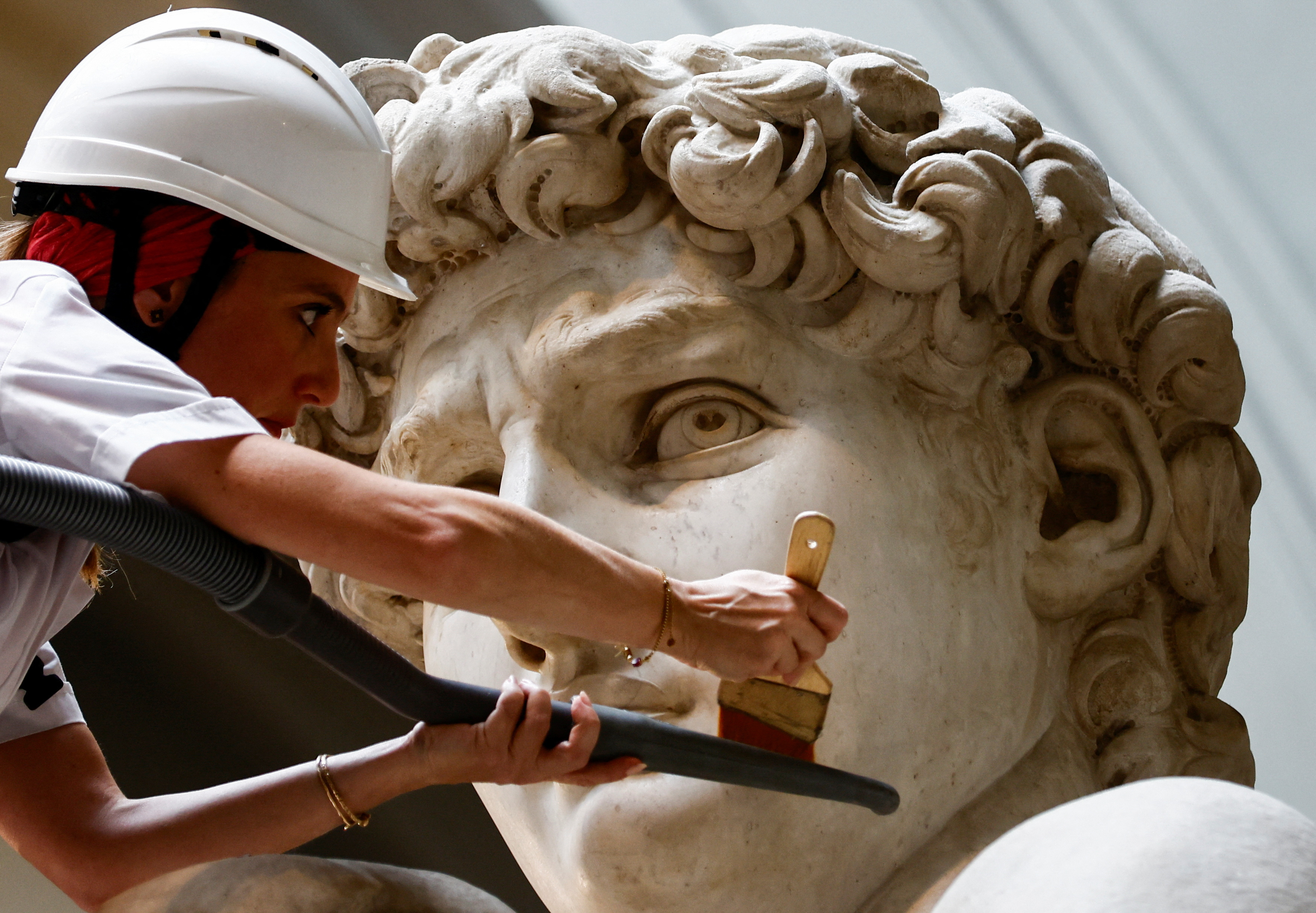 Restoration expert Eleonora Pucci uses a range of delicate cleaning tools to clean David's delicate features, but she admits one false move could cause damage to the famous statue. /Yara Nardi/Reuters