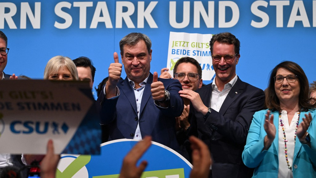 Bavaria's State Premier Markus Soeder at a rally in Munich last week. /Christof Stache/AFP