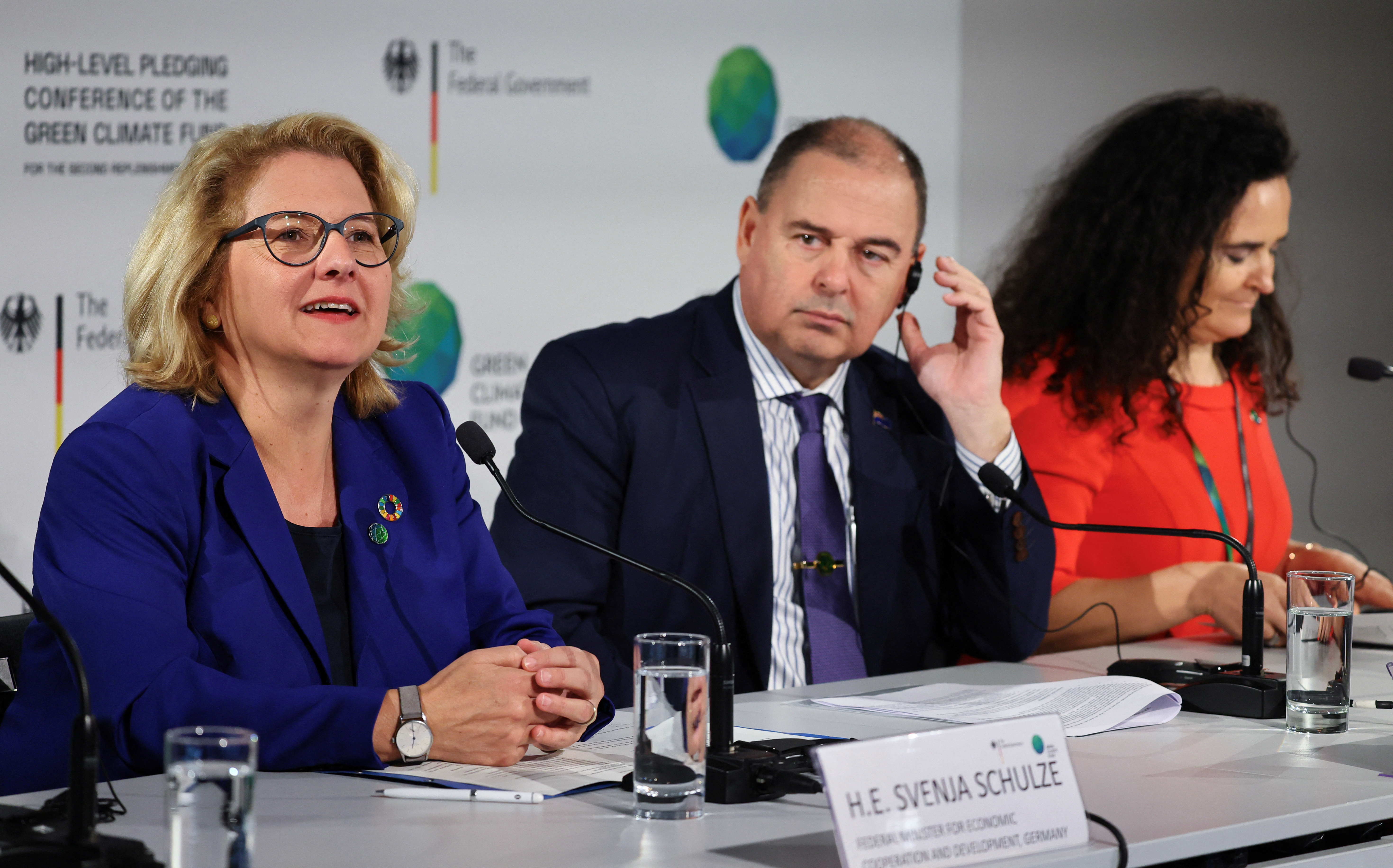 Duarte spoke alongside German Economic Cooperation and Development Minister Svenja Schulze and Cook Islands Prime Minister Marc Brown at a press conference. /Wolfgang Rattay/Reuters
