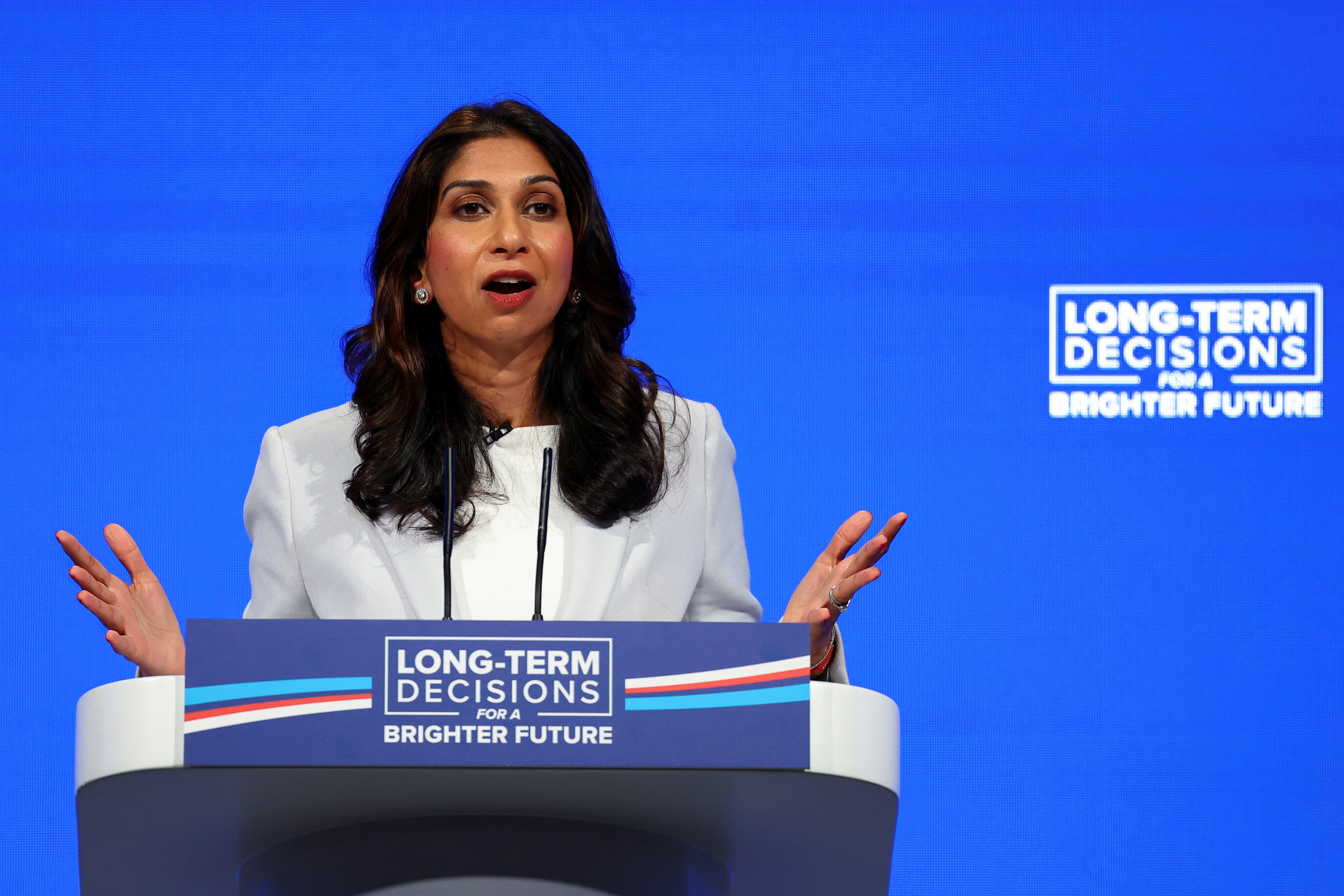 Britain's Home Secretary Suella Braverman speaks on stage at Britain's Conservative Party's annual conference in Manchester, Britain. /Hannah McKay/Reuters