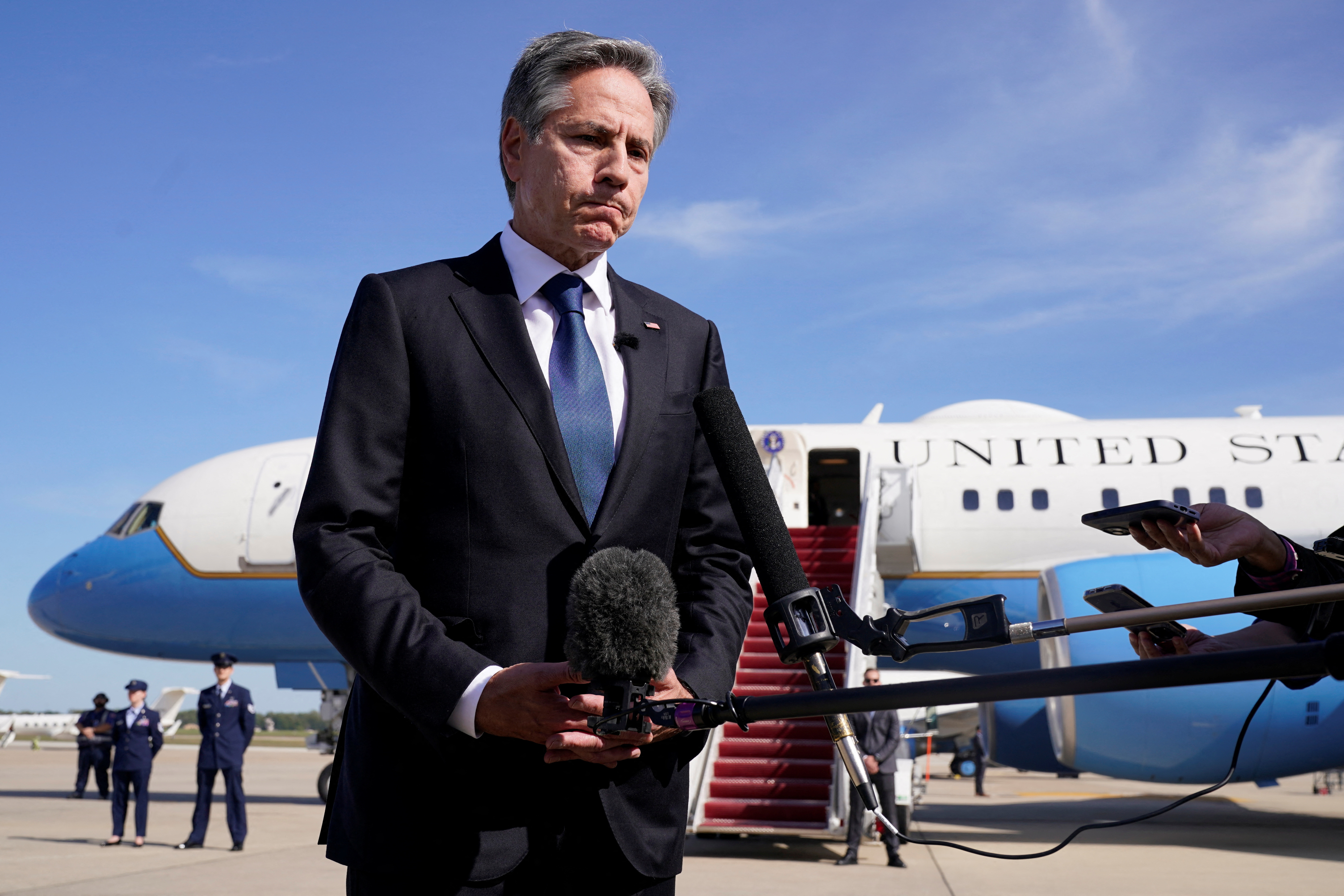 U.S. Secretary of State Antony Blinken speaks to reporters before boarding a plane to Israel. /Jacquelyn Martin/Reuters
