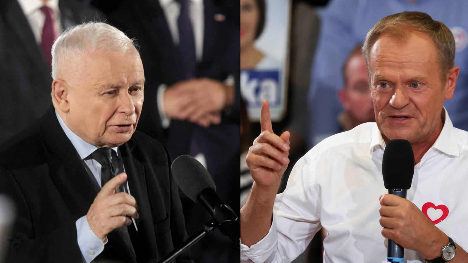 Jaroslaw Kaczynski's Law and Justice party (PiS) are facing off against Donald Tusk's Civic Coalition (KO) in Poland's parliamentary election on Sunday. /Pawel Malecki/Agencja Wyborcza.pl, Kacper Pempel/Reuters