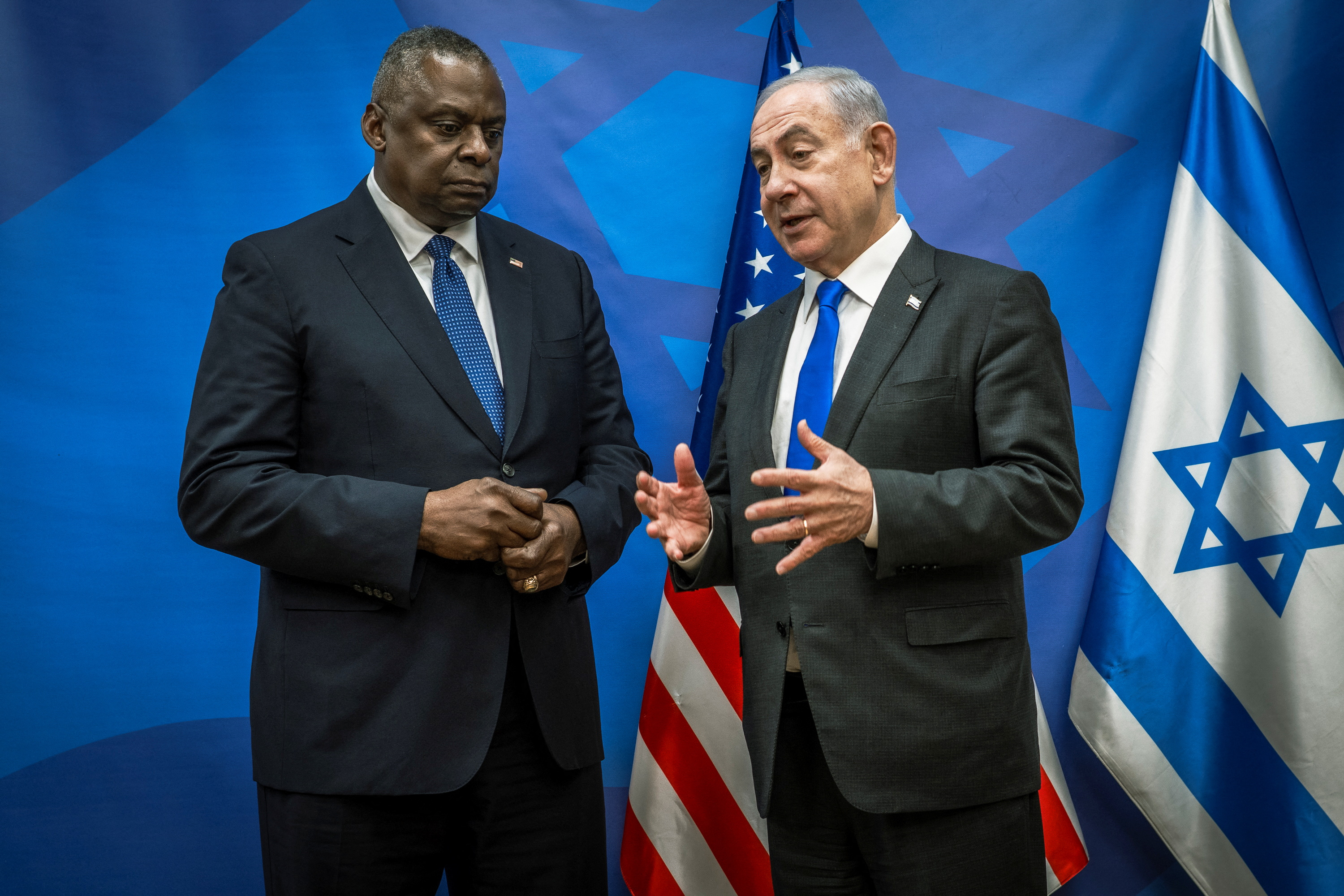 U.S. Secretary of Defense Lloyd Austin in talks with Israeli Prime Minister Benjamin Netanyahu. The U.S. has supplied Israel with military aid but urged the country to respect international law and minimize civilian casualties. /Reuters/Chad McNeely. 