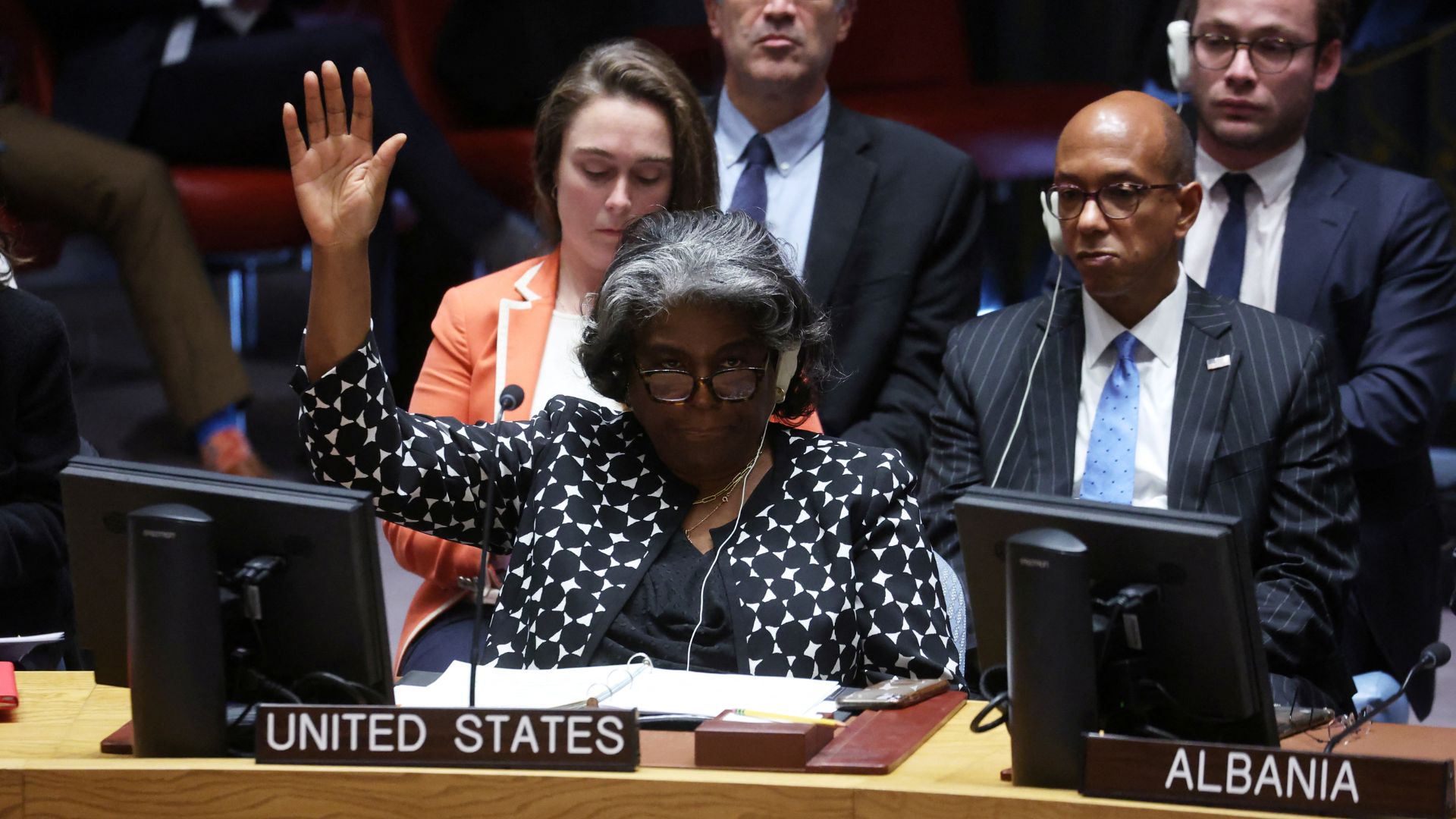 U.S. Ambassador to the UN Linda Thomas-Greenfield votes against the draft resolution. /Mike Segar/Reuters
