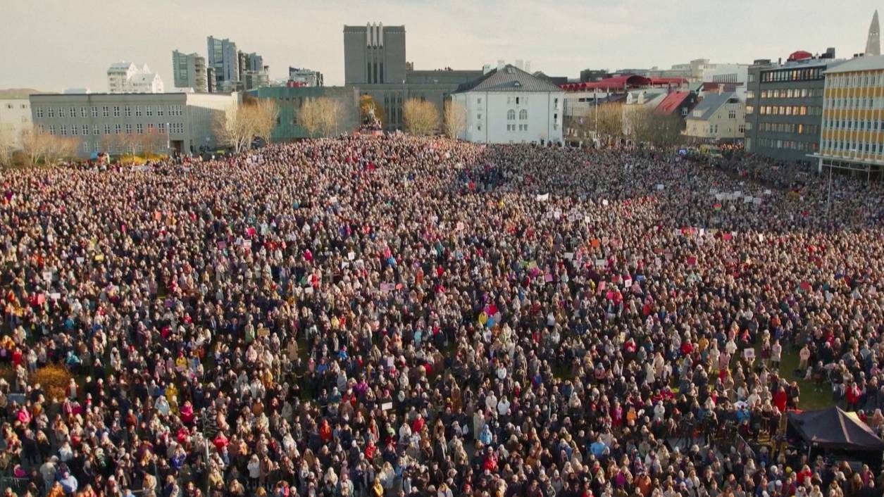 Demonstrators take part in a rally for equal rights in Reykjavik, as Icelandic women strike for equality. /Reuters TV