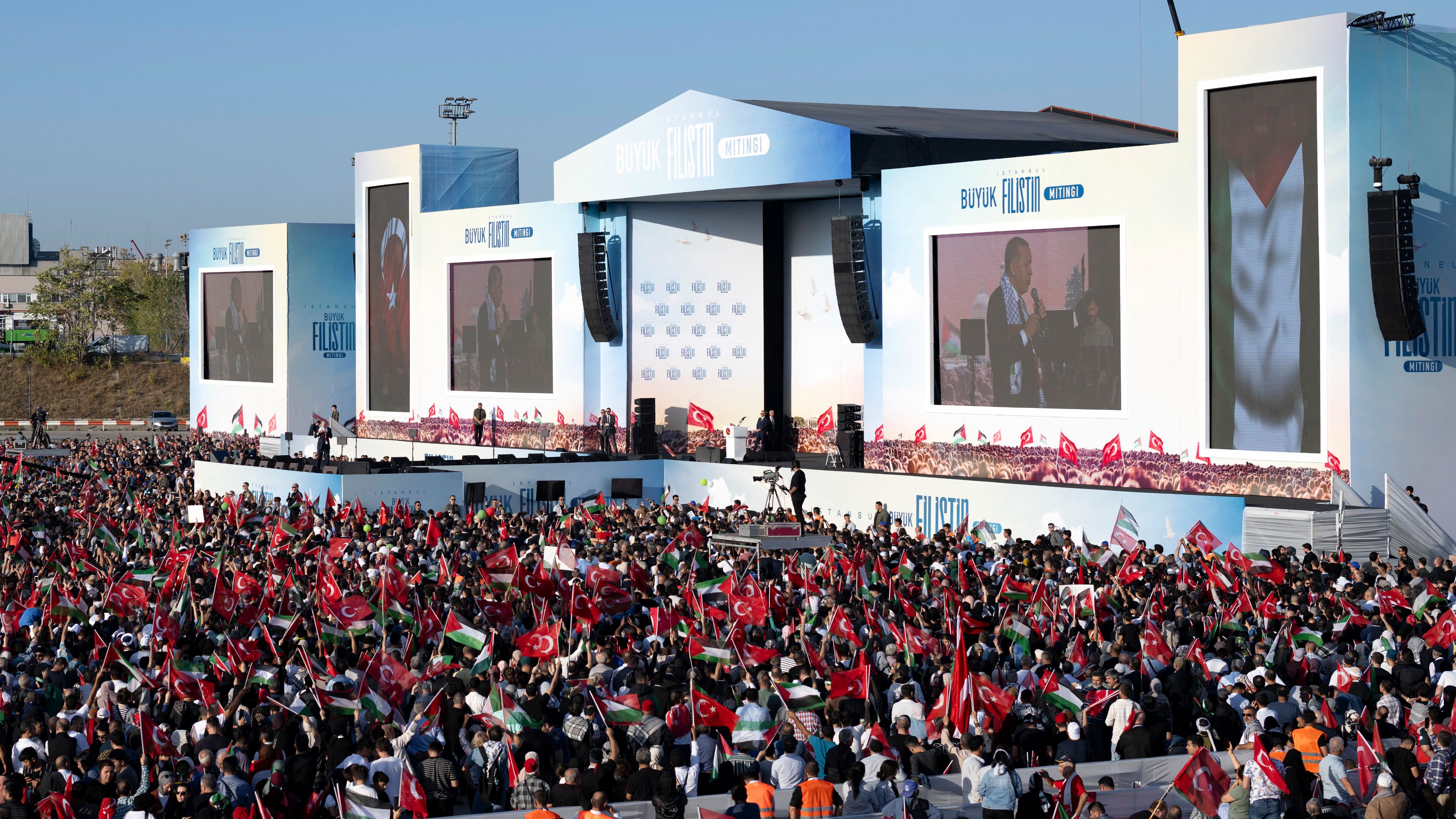 Erdogan spoke during a rally organised by the AKP party in solidarity with the Palestinians on Saturday./ Yasin Akgul/AFP