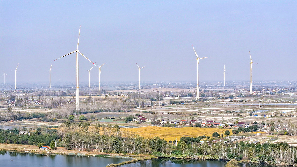 China's carbon emissions are set to fall in 2024 after record investment in low carbon energy sources, such as this wind farm in Yangzhou, Jiangsu Province. /CFP. 
