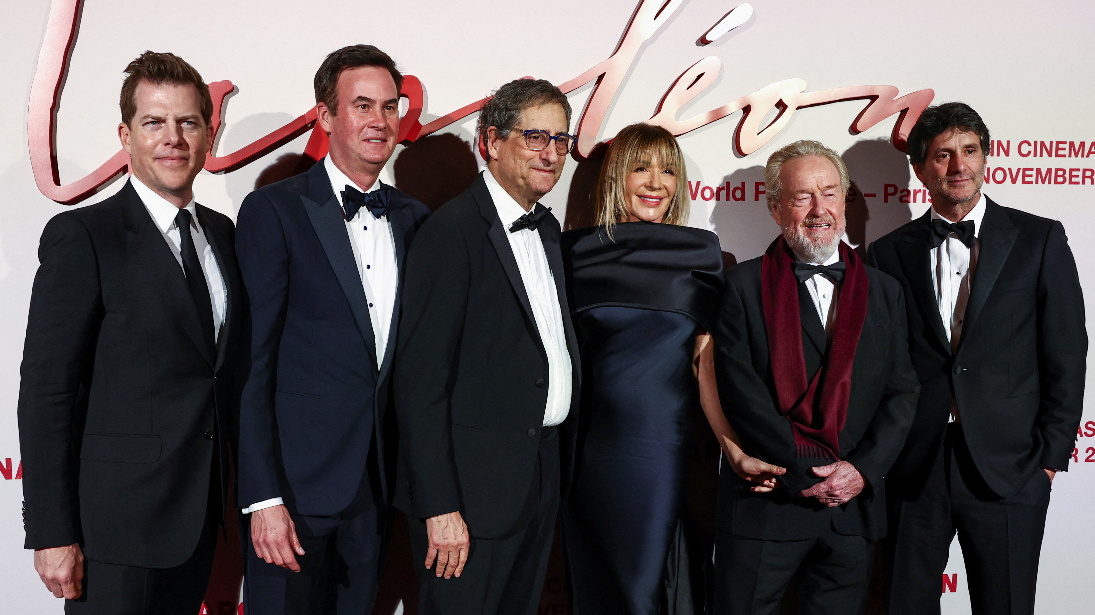 Director Ridley Scott, his wife, producer Giannina Facio, and Kevin Walsh, Zack Van Amburg, Jamie Erlicht and Tom Rothman at the film's world premiere in Paris on Tuesday. /Stephanie Lecocq/Reuters