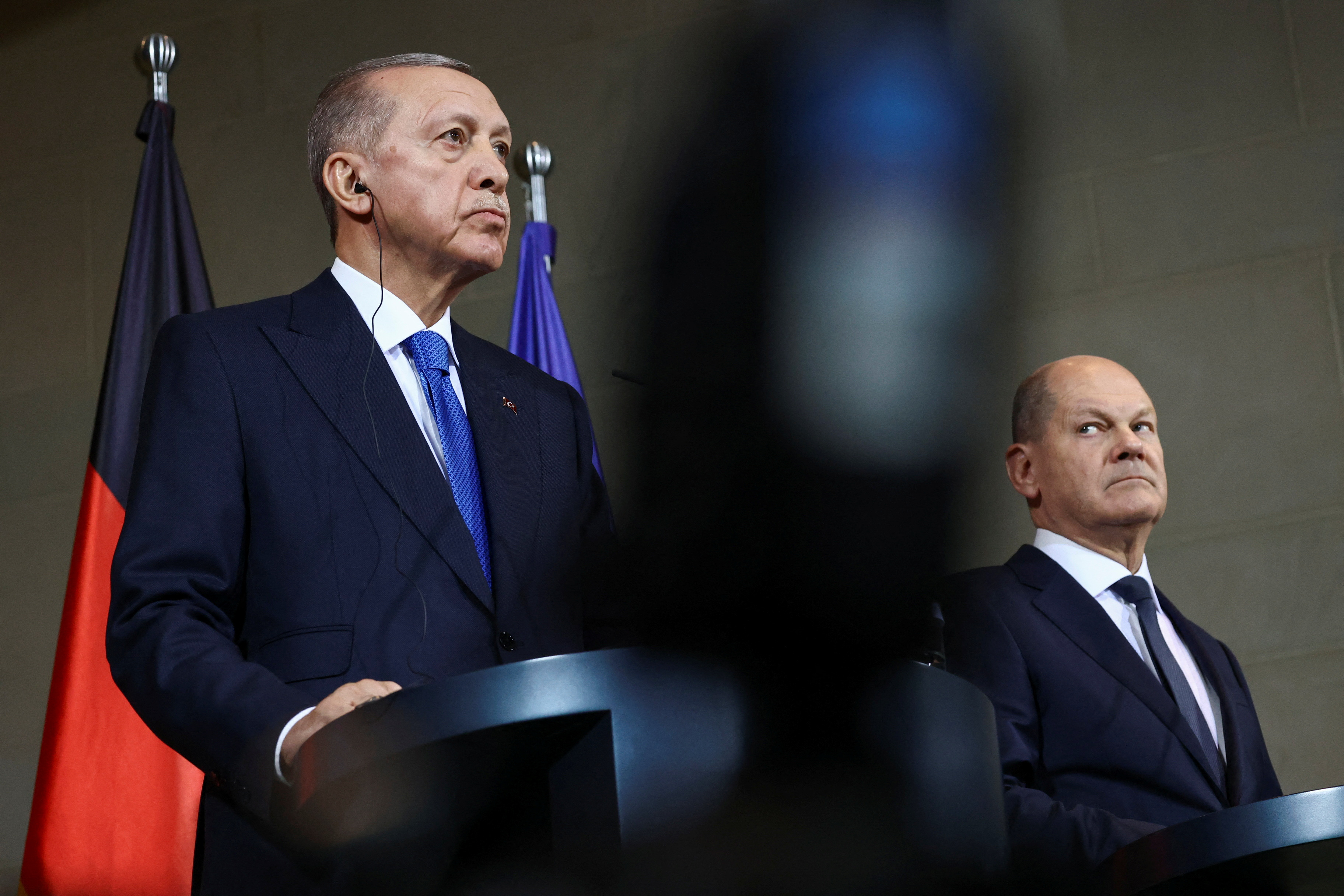 German Chancellor Olaf Scholz and Turkish President Recep Tayyip Erdogan attend a press conference at the Chancellery in Berlin, Germany last Friday. Reuters