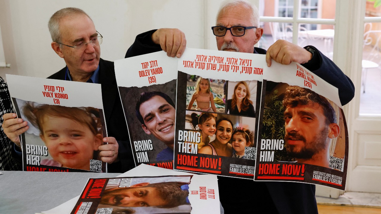 Moshe Leimberg and Cunio Jose Luis, Israeli relatives of hostages kidnapped from Israel by Hamas fighters, hold a press conference in Rome, Italy. /Remo Casilli/Reuters