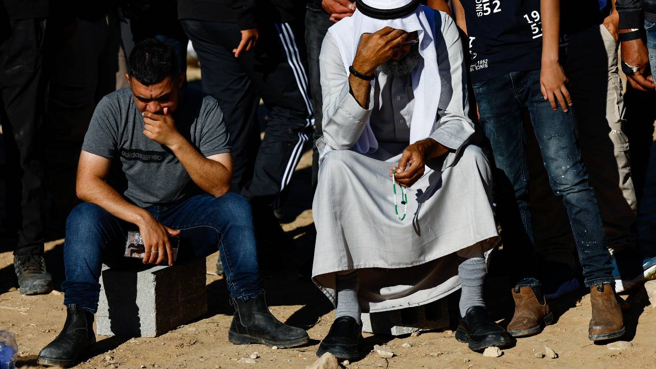 Mourners react during the funeral of Samer Fouad Al-Talalka, a member of Israel's Bedouin Arab minority who was mistakenly killed by the Israeli military while being held hostage in Gaza. /Clodagh Kilcoyne/Reuters
