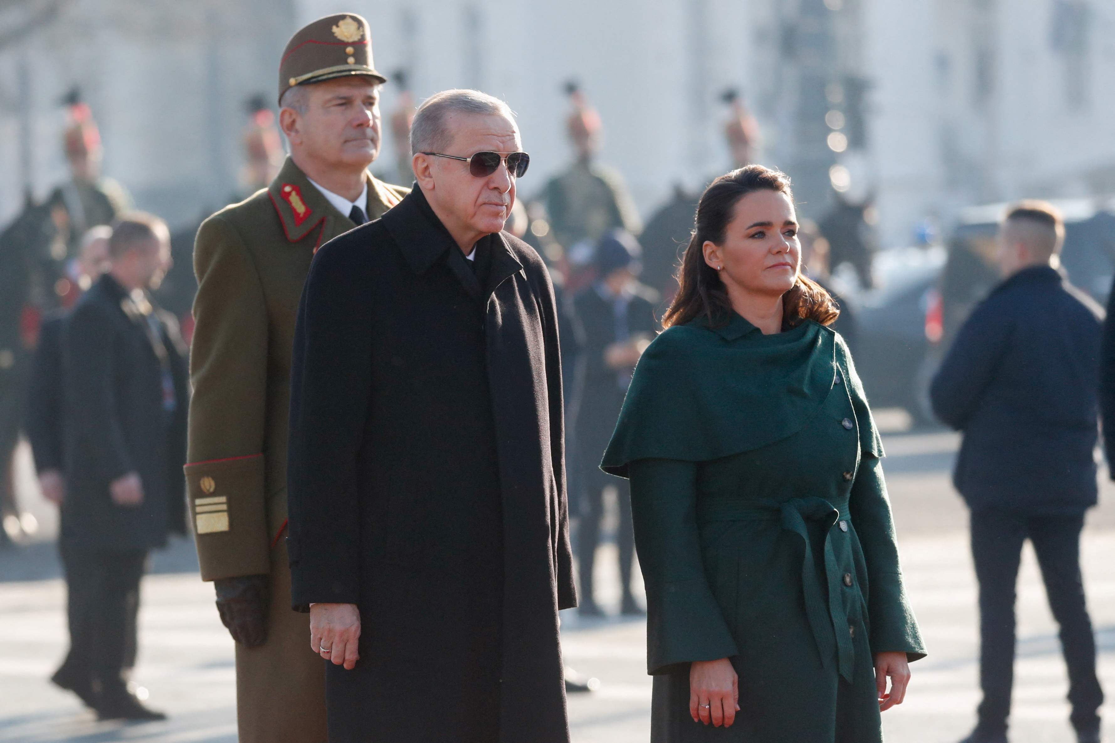 Hungarian President Katalin Novak and Erdogan attended a welcoming ceremony at Heroes' Square in Budapest. /Reuters/Bernadett Szabo.
