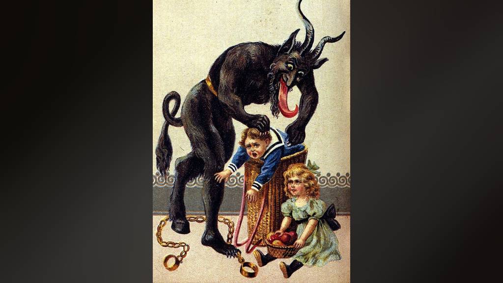 A Christmas card from the early 1900s shows the Krampus, St. Nick's evil counterpart. /Wikimedia Commons