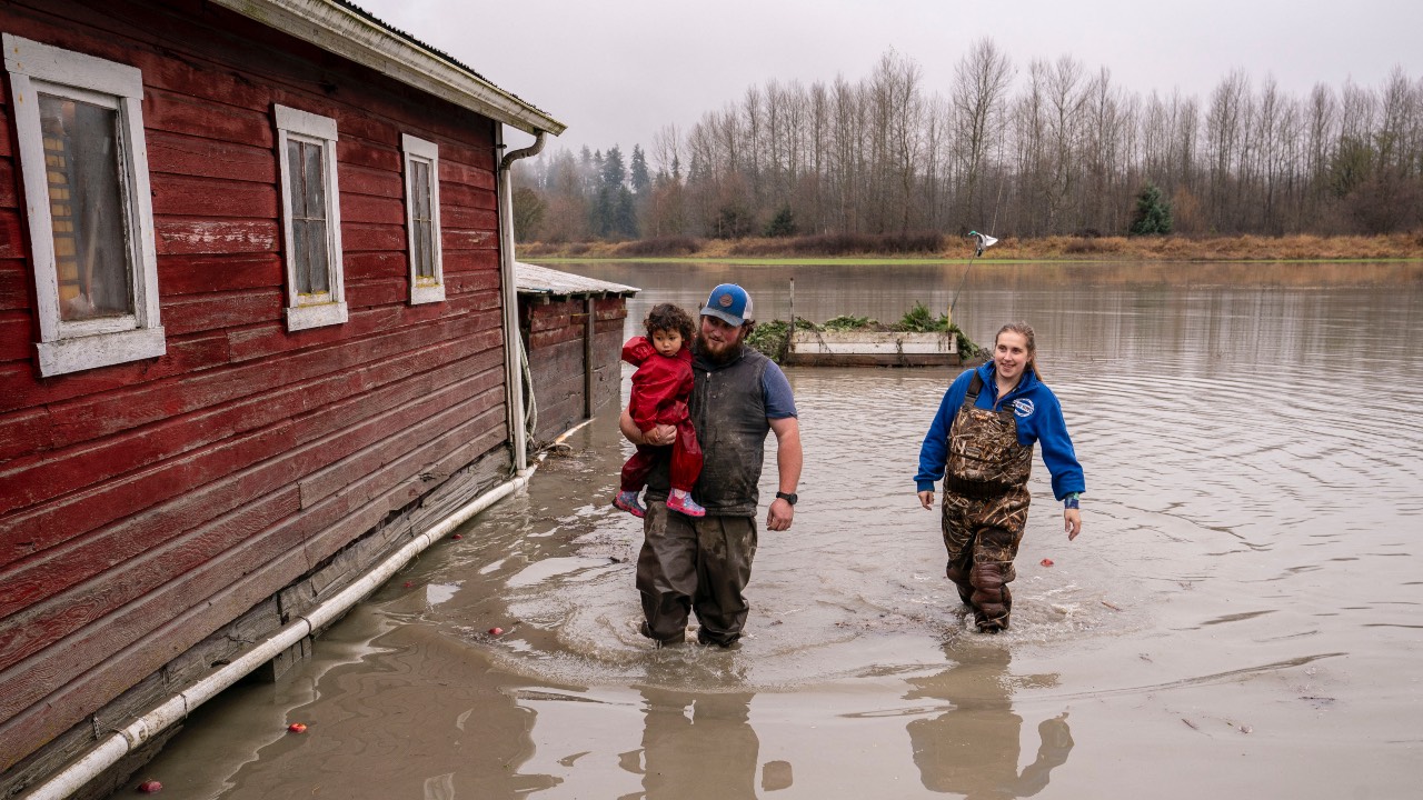 A family wades through floodwaters at their Christmas tree farm near Silvana, Washington. Atmospheric river conditions in the region brought heavy rains and flooding. /David Ryder/Getty Images/AFP 