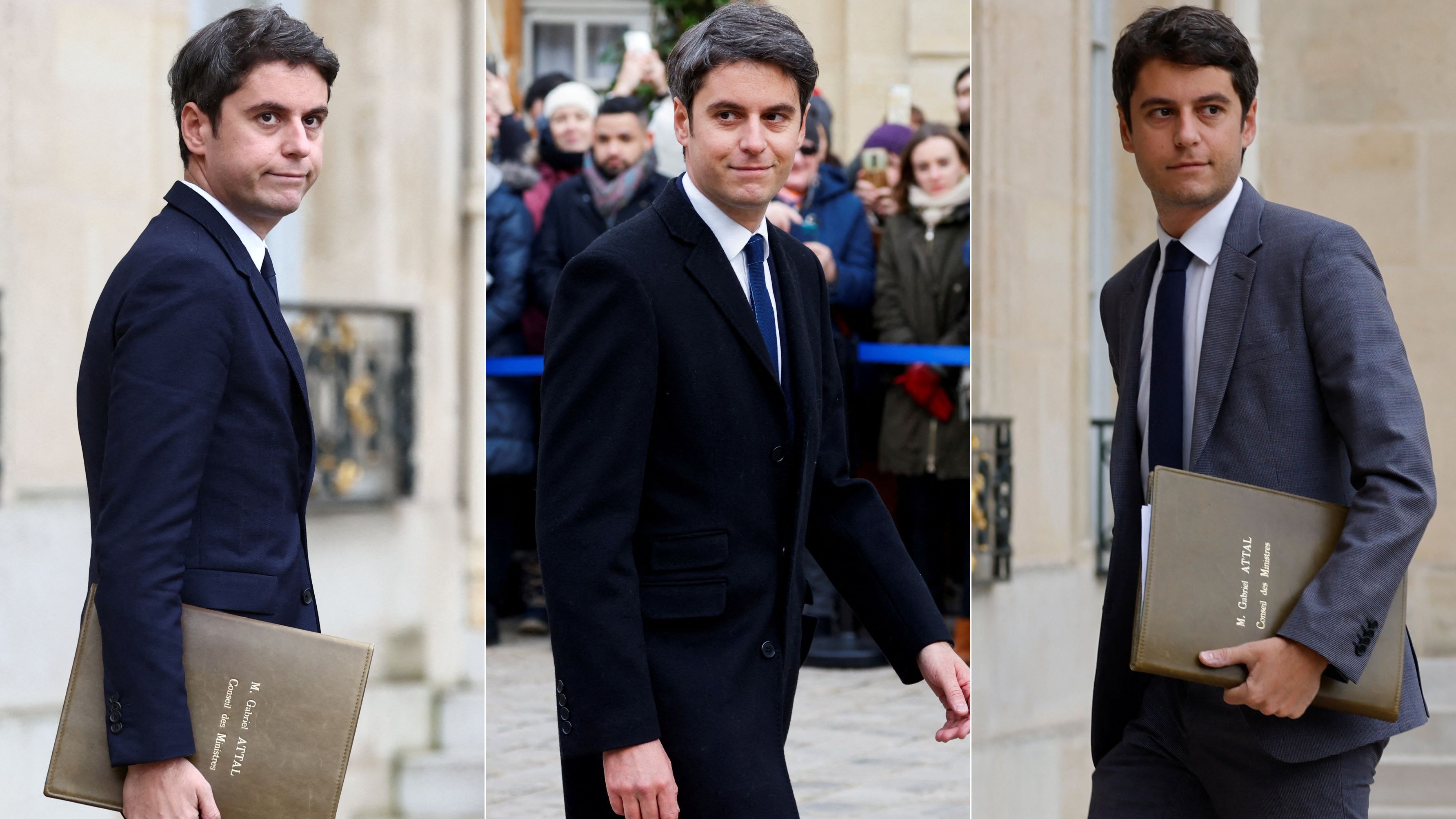 Gabriel Attal has enjoyed a swift climb up the political ladder. /Stephanie Lecocq and Ludovic Marin/Reuters and AFP