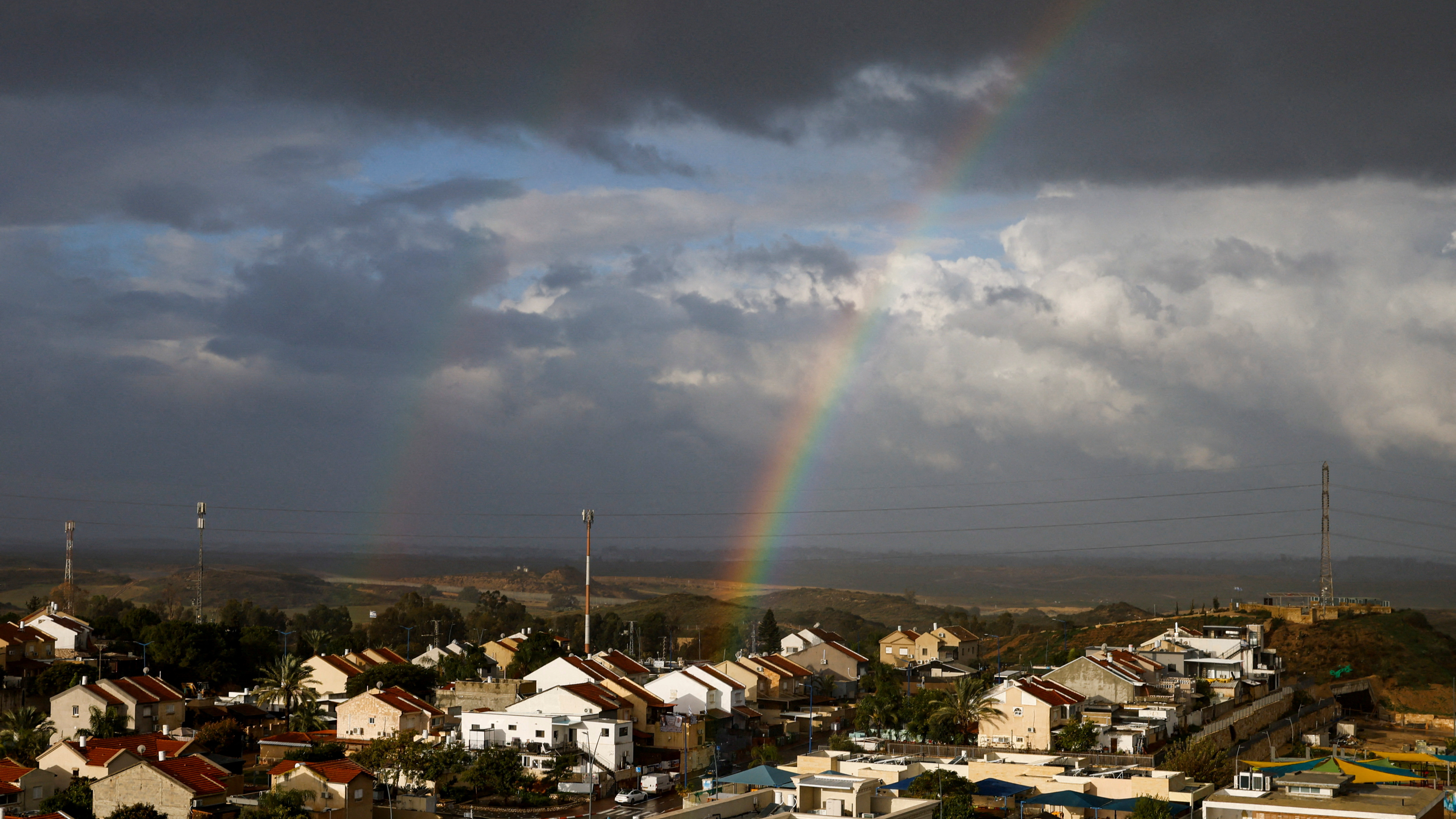 Rainbows are seen in the sky near the Israel-Gaza border, amid the ongoing conflict between Israel and the Palestinian Islamist group Hamas, in Southern Israel. /Tyrone Siu/Reuters