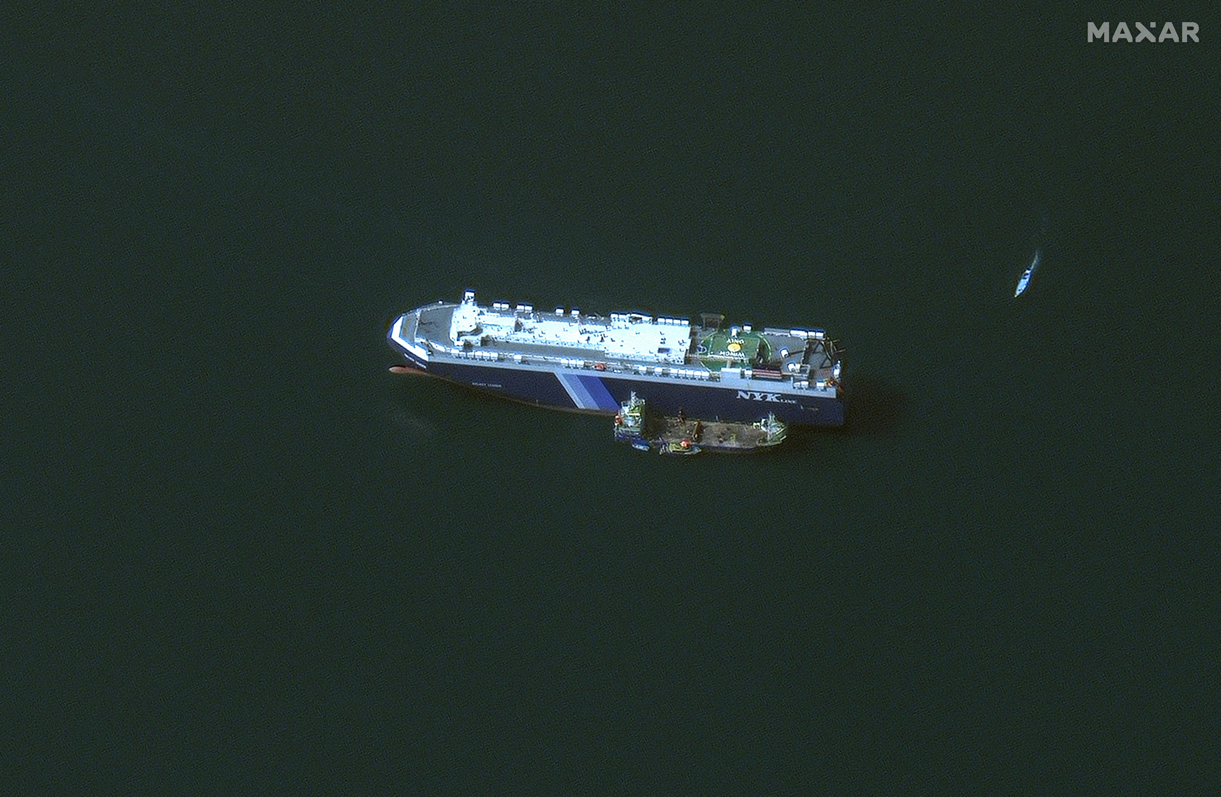 A satellite image released by Maxar Technologies shows the recently seized Israeli-linked Galaxy Leader ship, that was captured by Houthi fighters on November 19. /Maxar Technologies