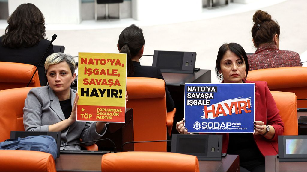 Turkish opposition party members hold signs against Sweden's NATO application. /CFP/Adem Altan