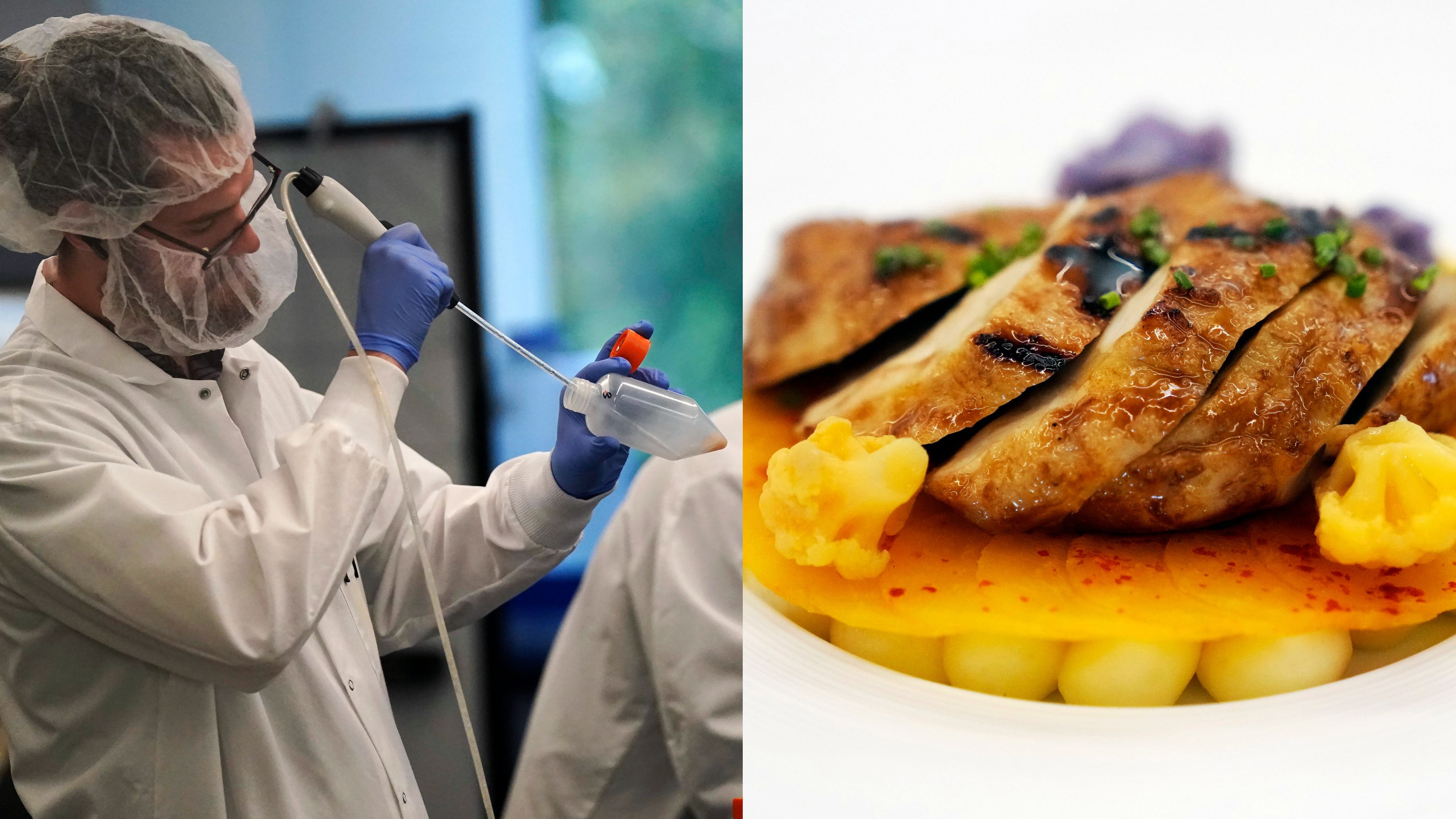 Scientists work in a bioprocess lab on manufactured food in California, U.S./ Jeff Chiu/AP