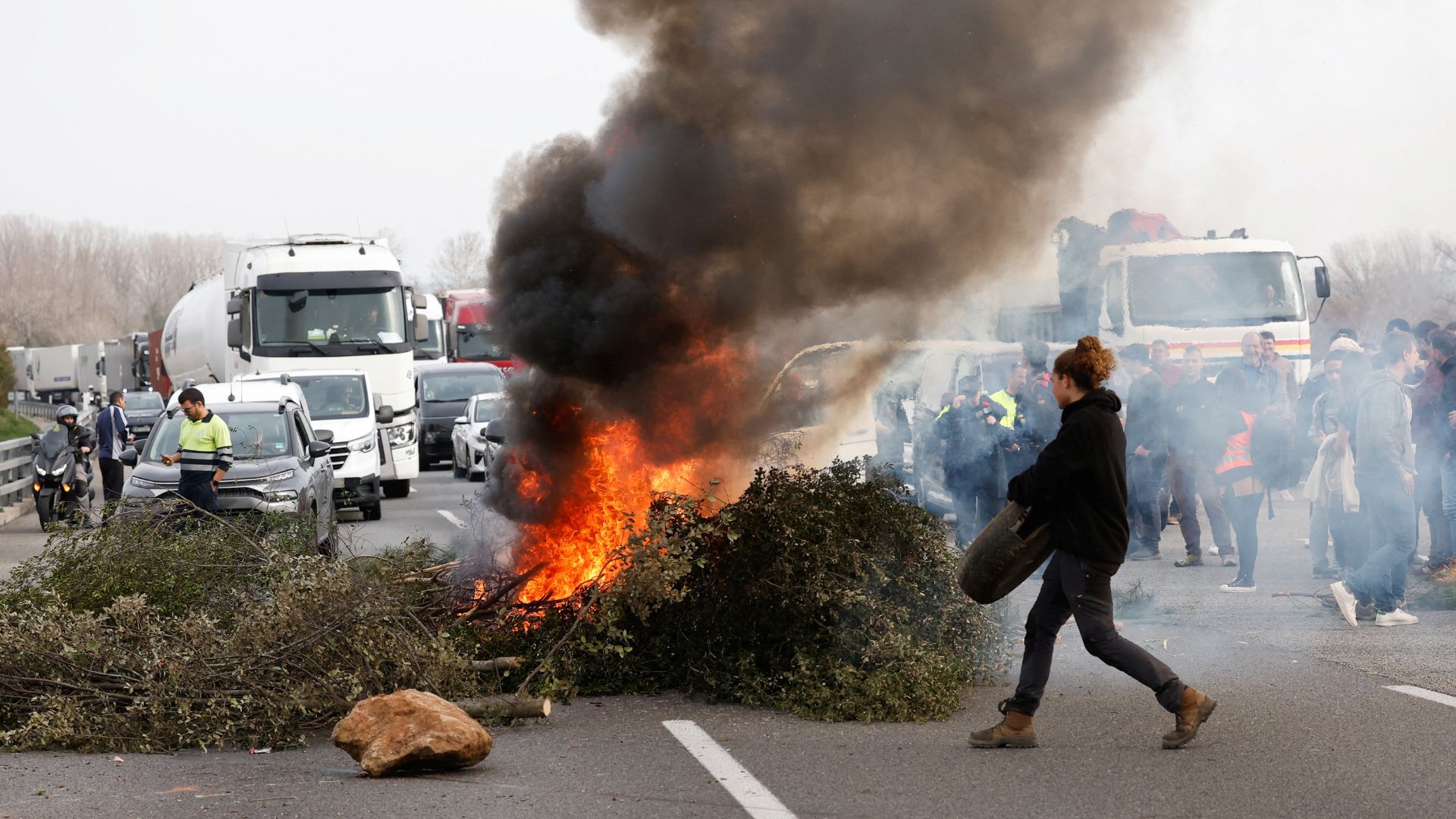 Tree branches are set on fire on a highway near Girona, Spain as farmers protest over price pressures, taxes and green regulation, grievances shared by farmers across Europe. /Albert Gea/Reuters