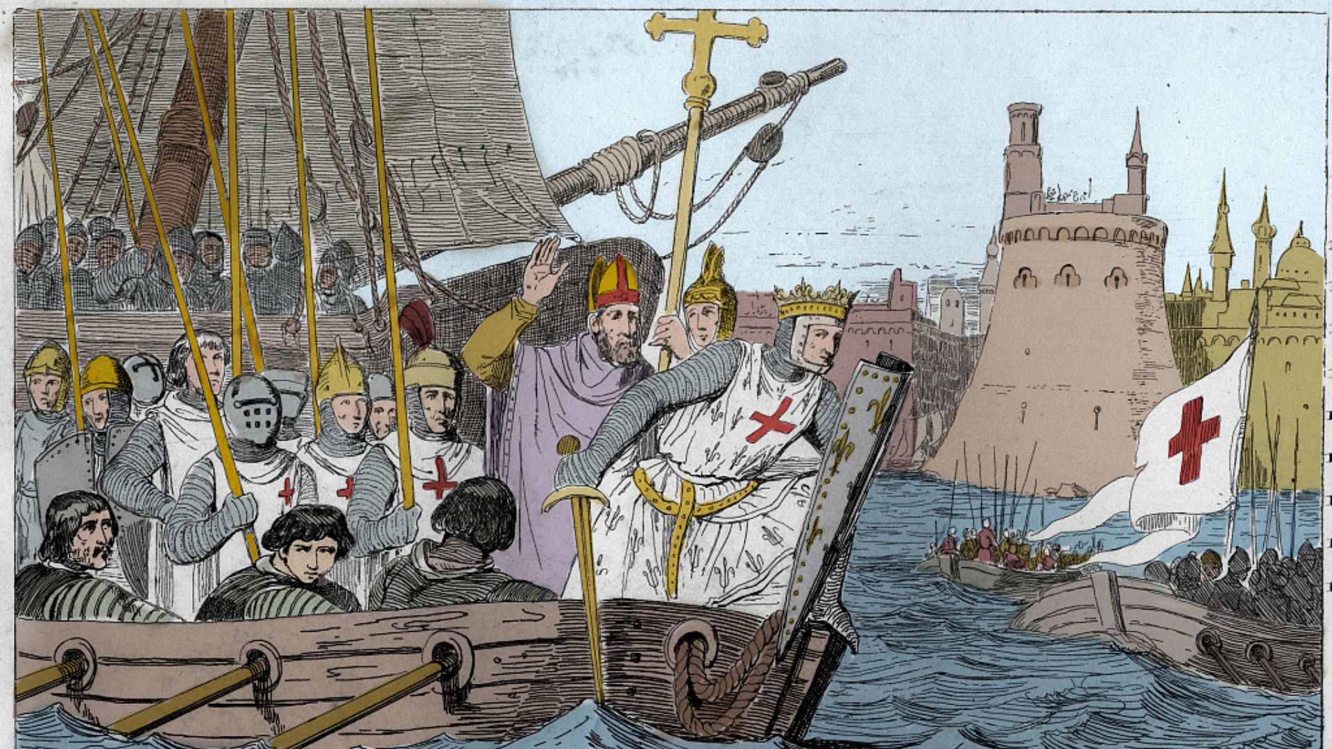 An engraving in an 1825 French children's history book shows Louis IX leading crusaders to the Holy Land in 1248-50 - under a familiar cross. /Stefano Bianchetti/Corbis/Getty Images