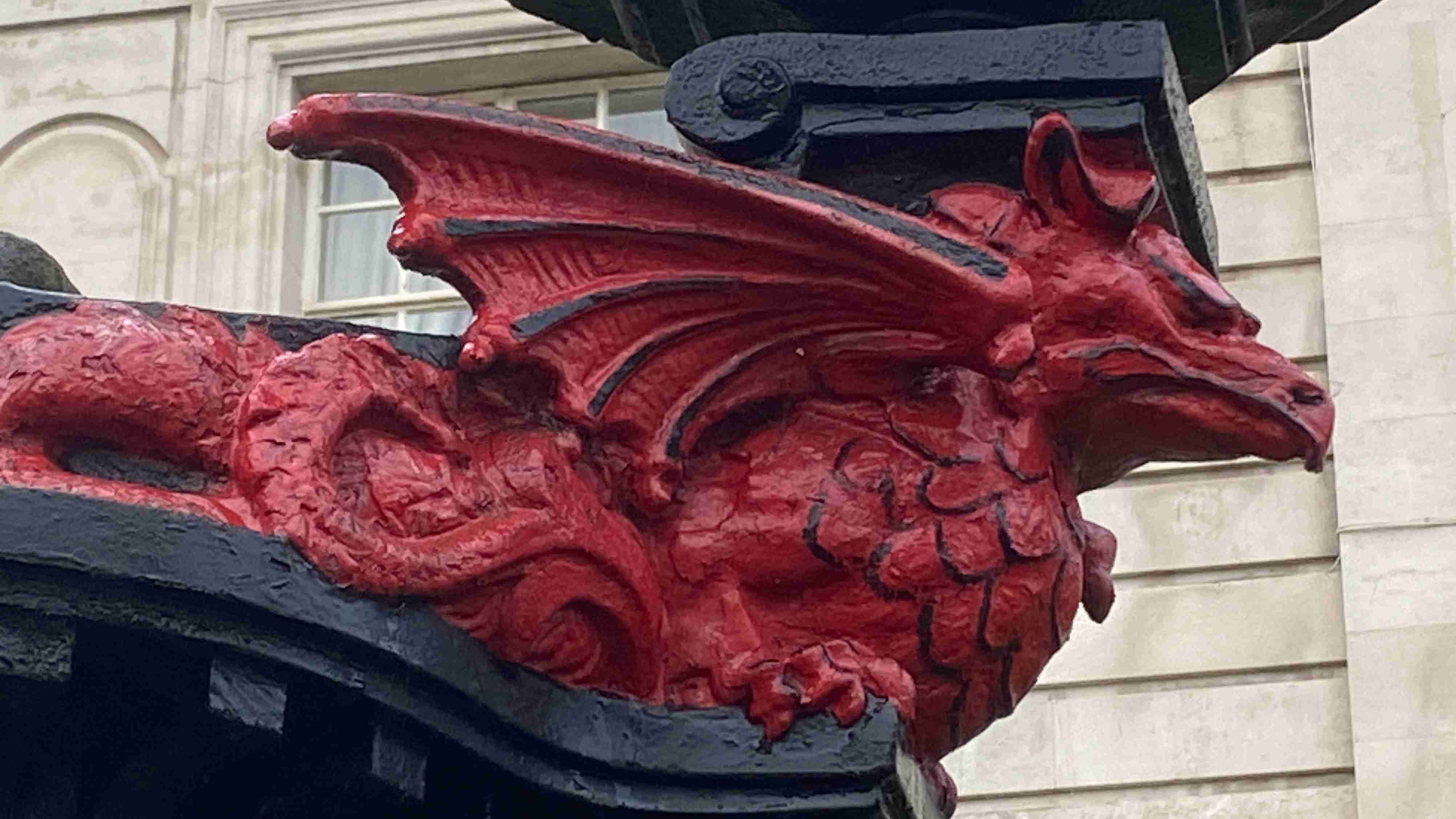 Dragon statue used for decoration of government buildings in Cardiff, Wales. /Iolo ap Dafydd, CGTN Europe