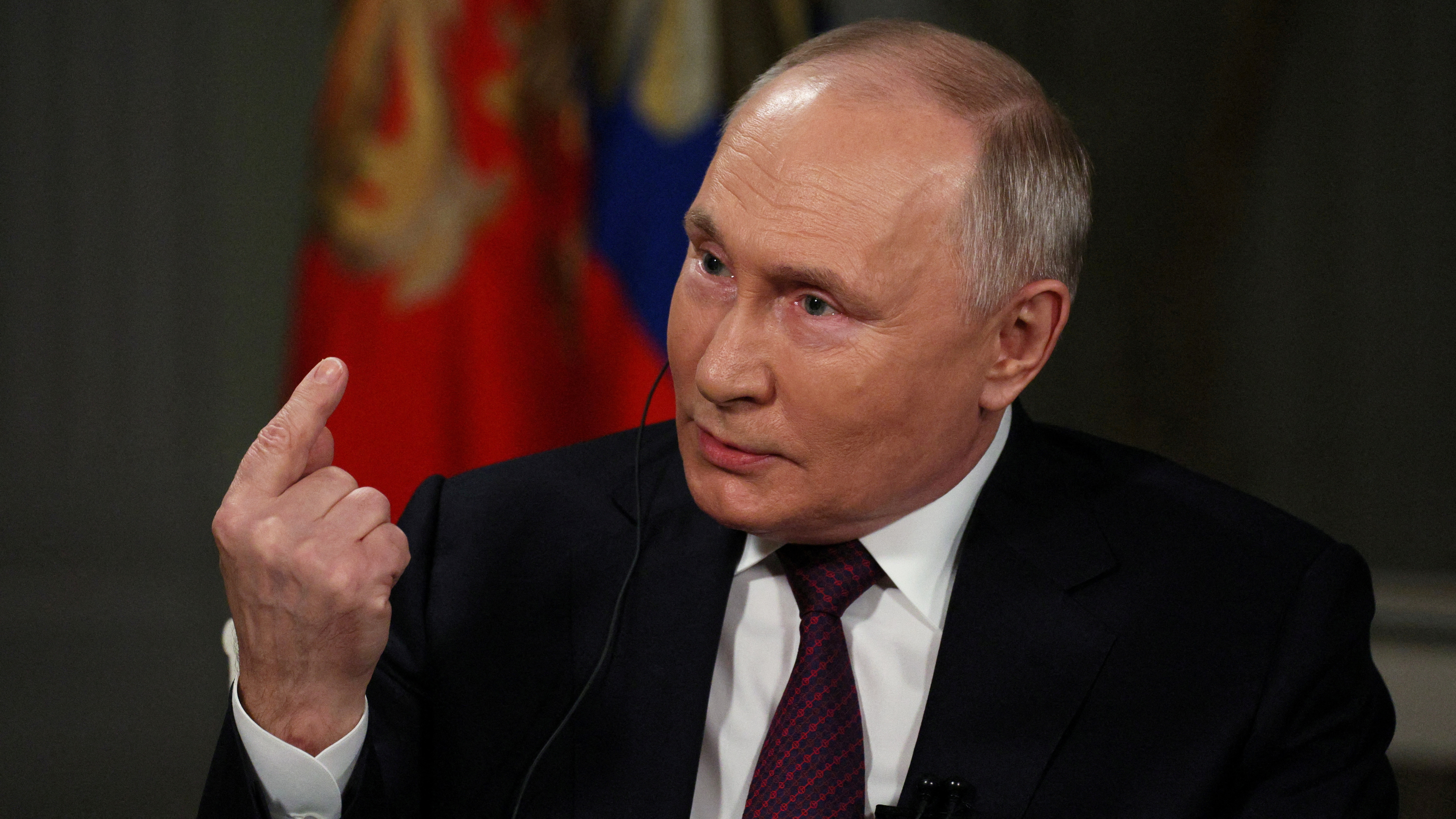 Russian President Vladimir Putin speaks during an interview with U.S. television host Tucker Carlson in Moscow. Sputnik/Gavriil Grigorov/Kremlin via REUTERS